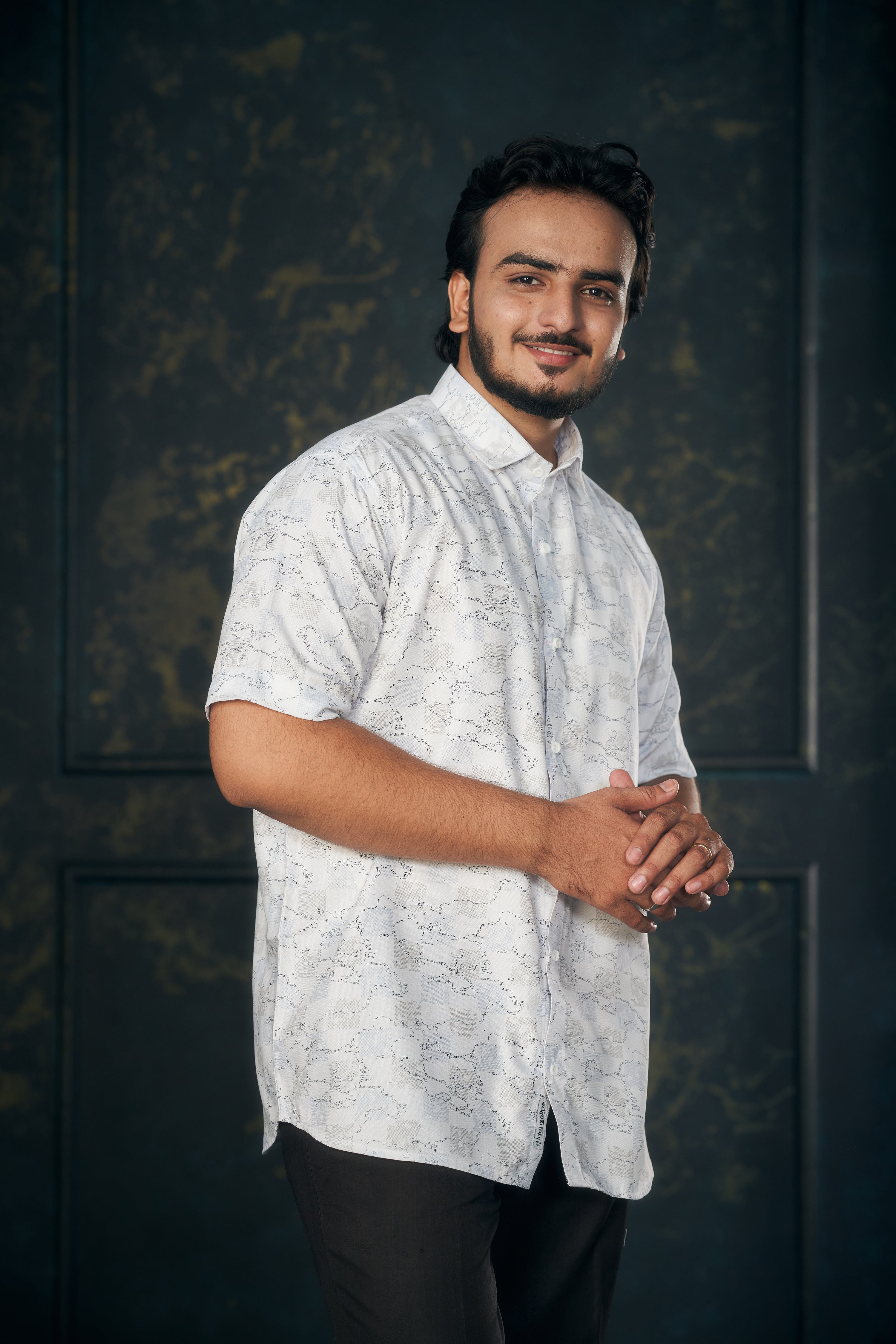 Mensoline Men’s White Abstract Printed Twill Shirt. (Light Blue)