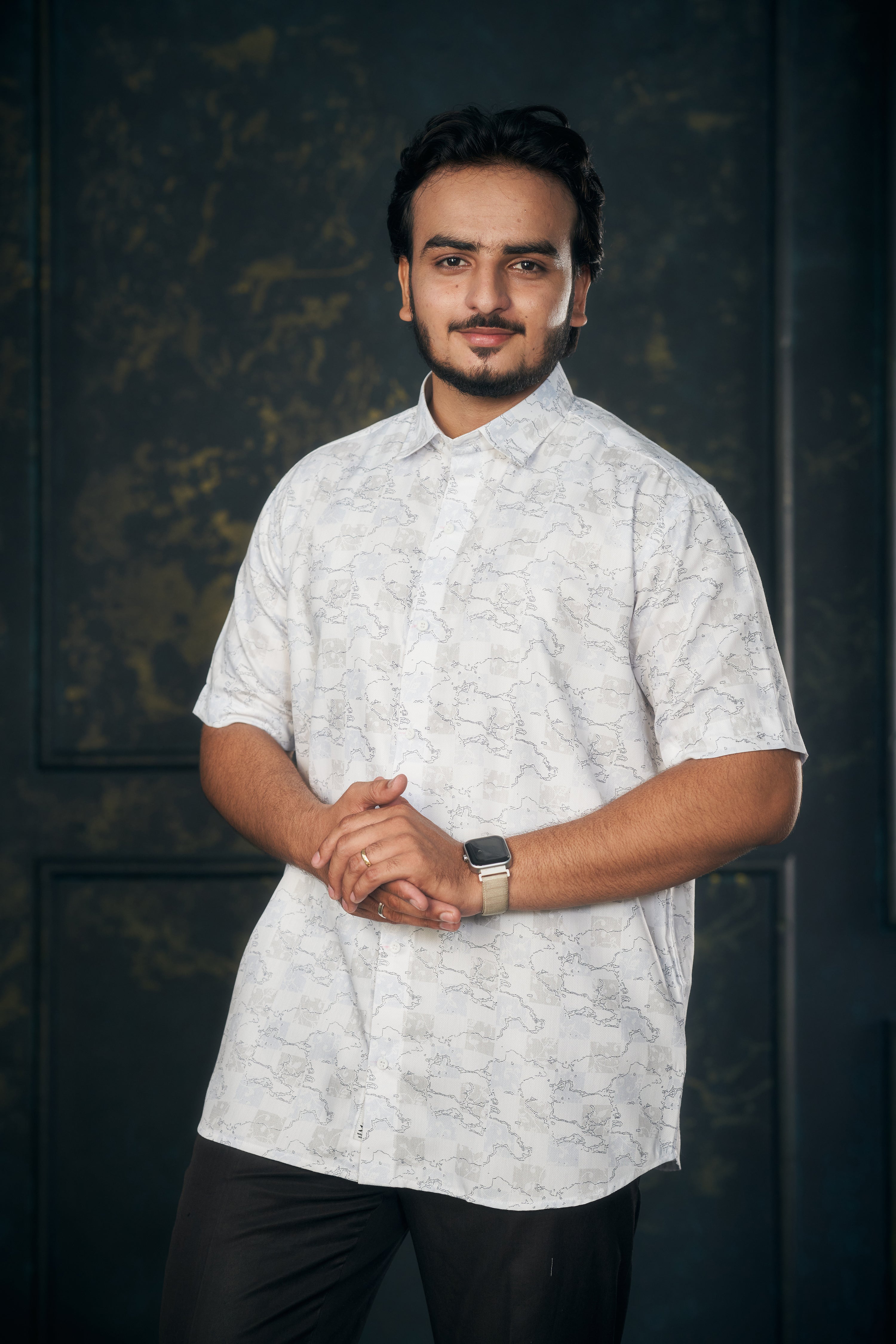 Mensoline Men’s White Abstract Printed Twill Shirt. (Light Blue)