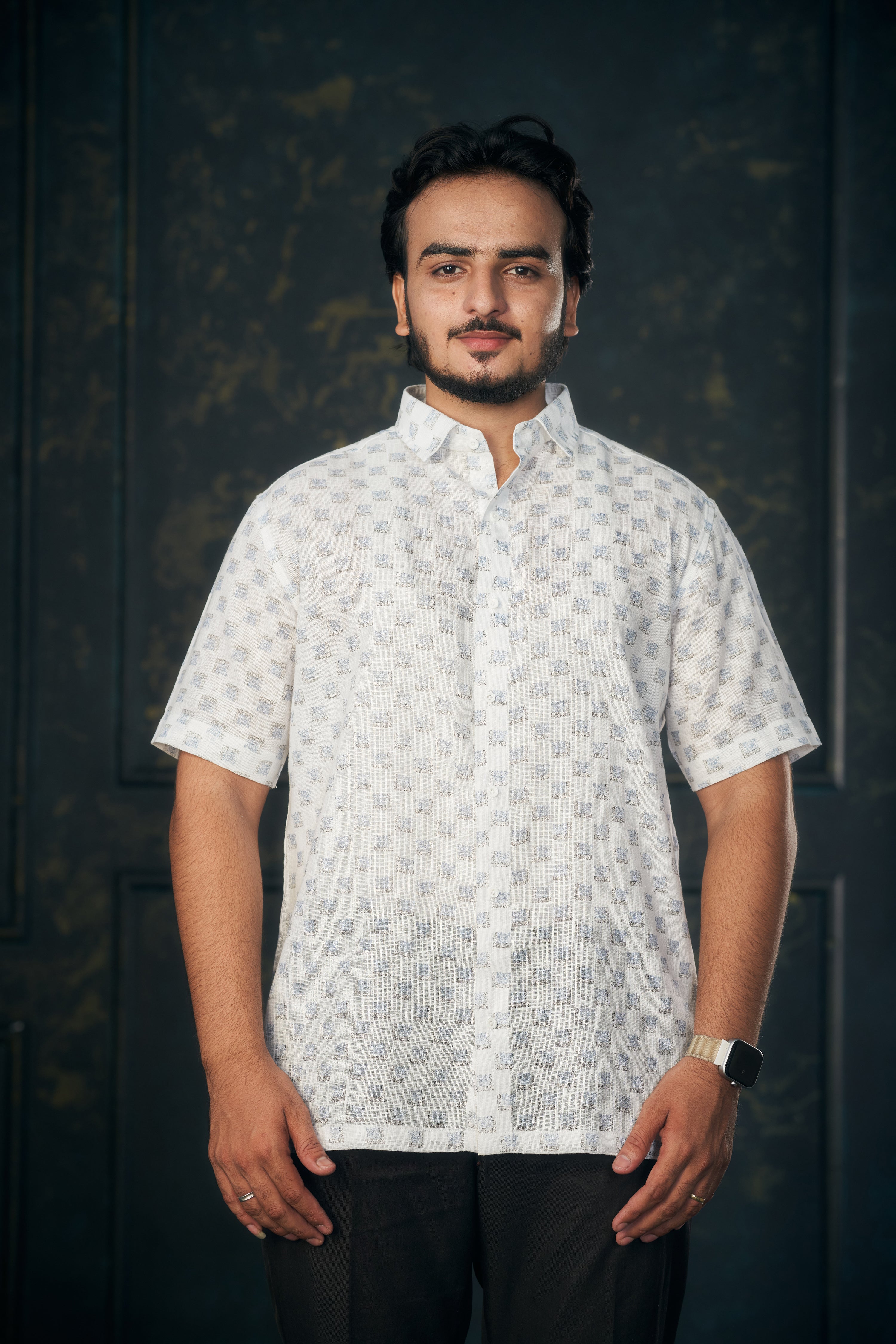 Mensoline Light Blue Box Print Cotton Linen Shirt.