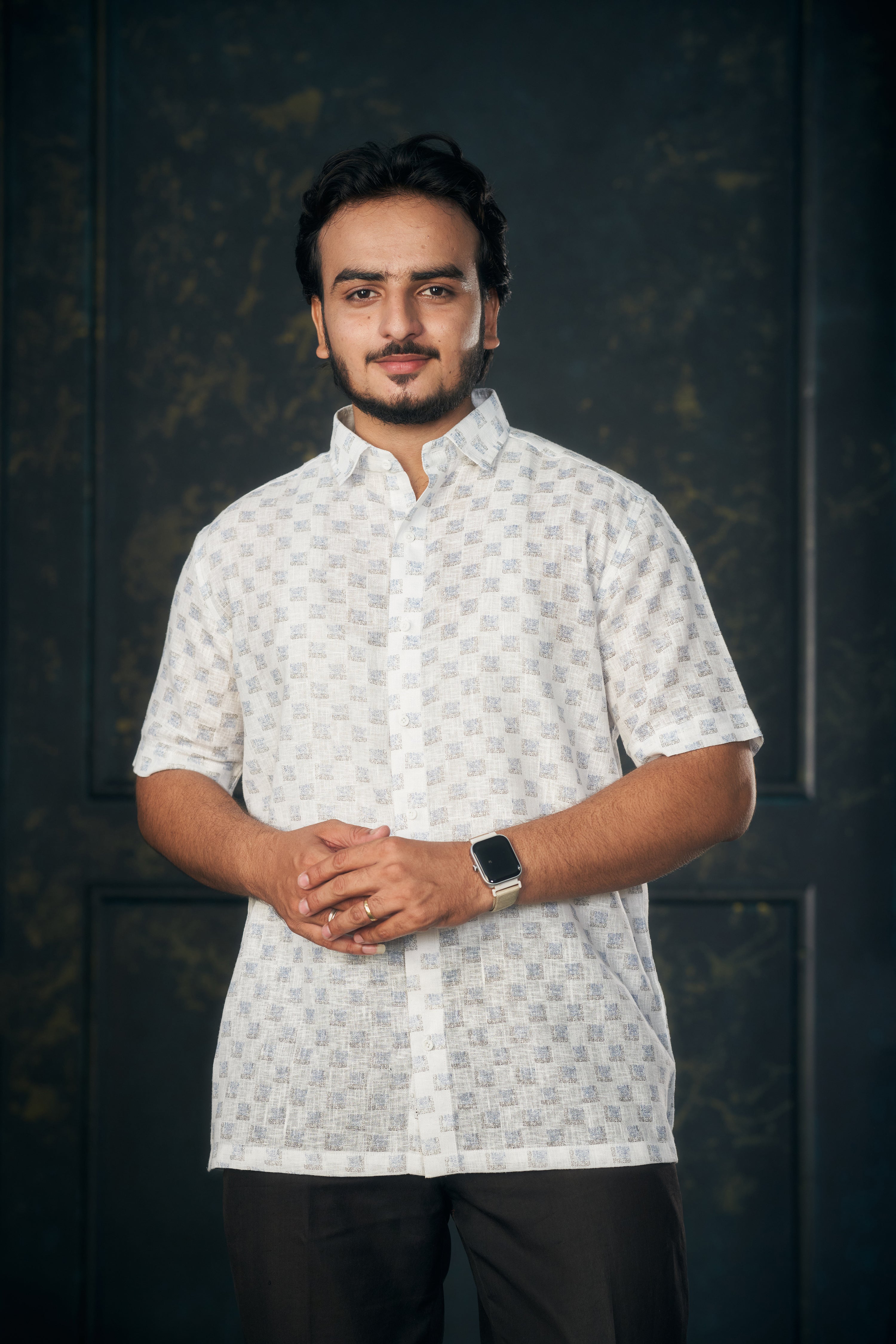 Mensoline Light Blue Box Print Cotton Linen Shirt.