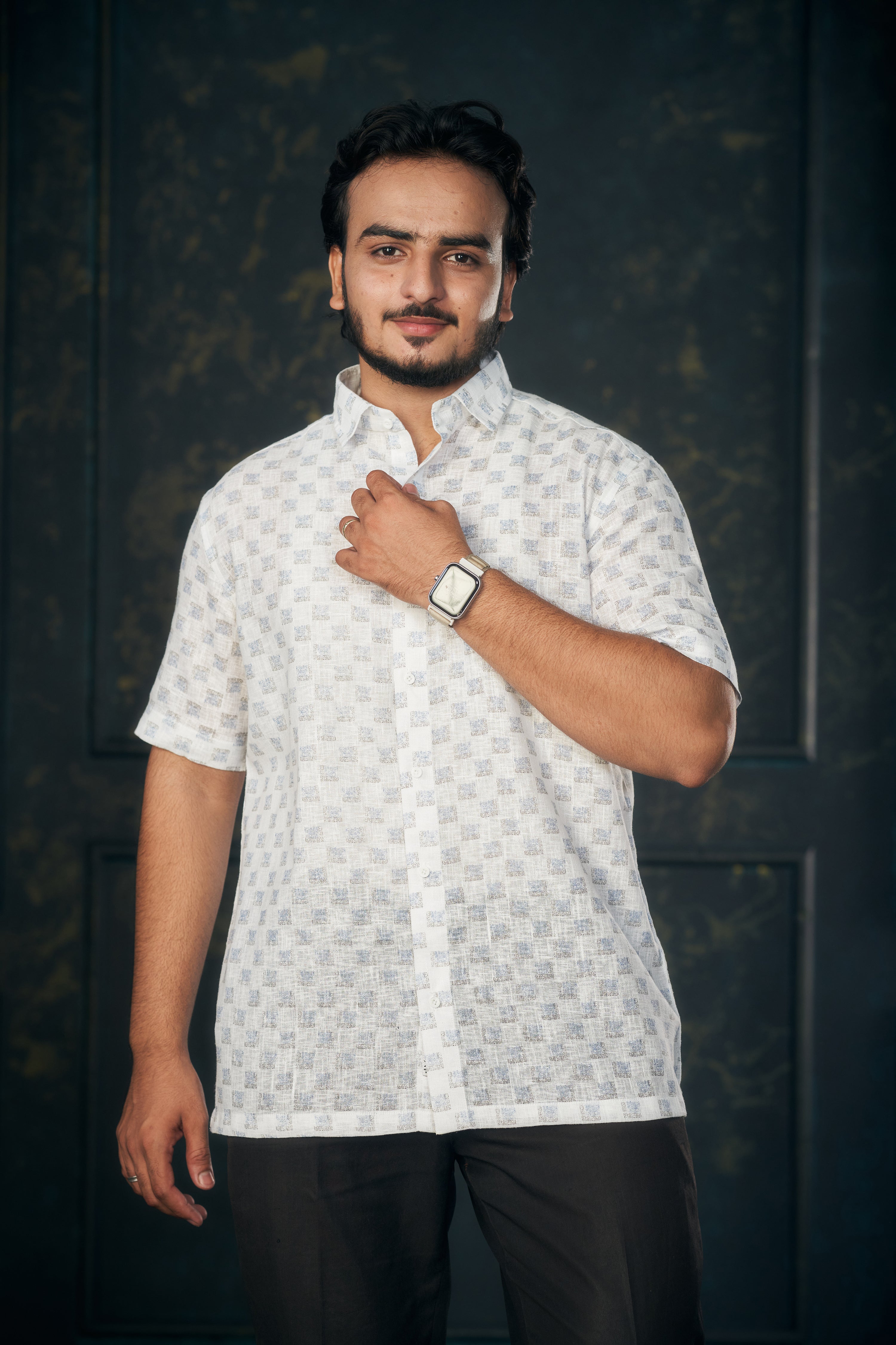 Mensoline Light Blue Box Print Cotton Linen Shirt.