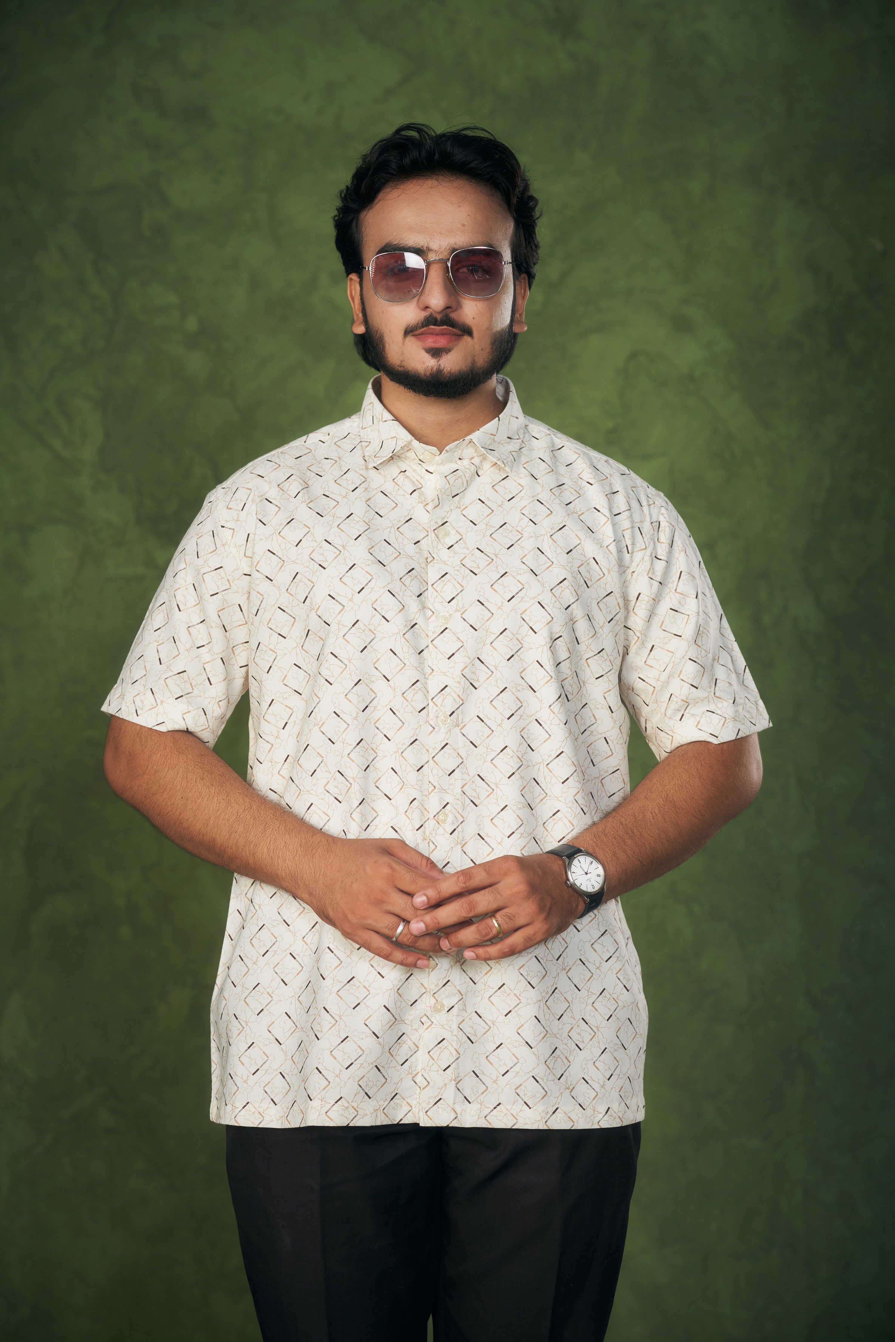 Mensoline Men's Twill Cotton Shirt Off White with Geometric Print.