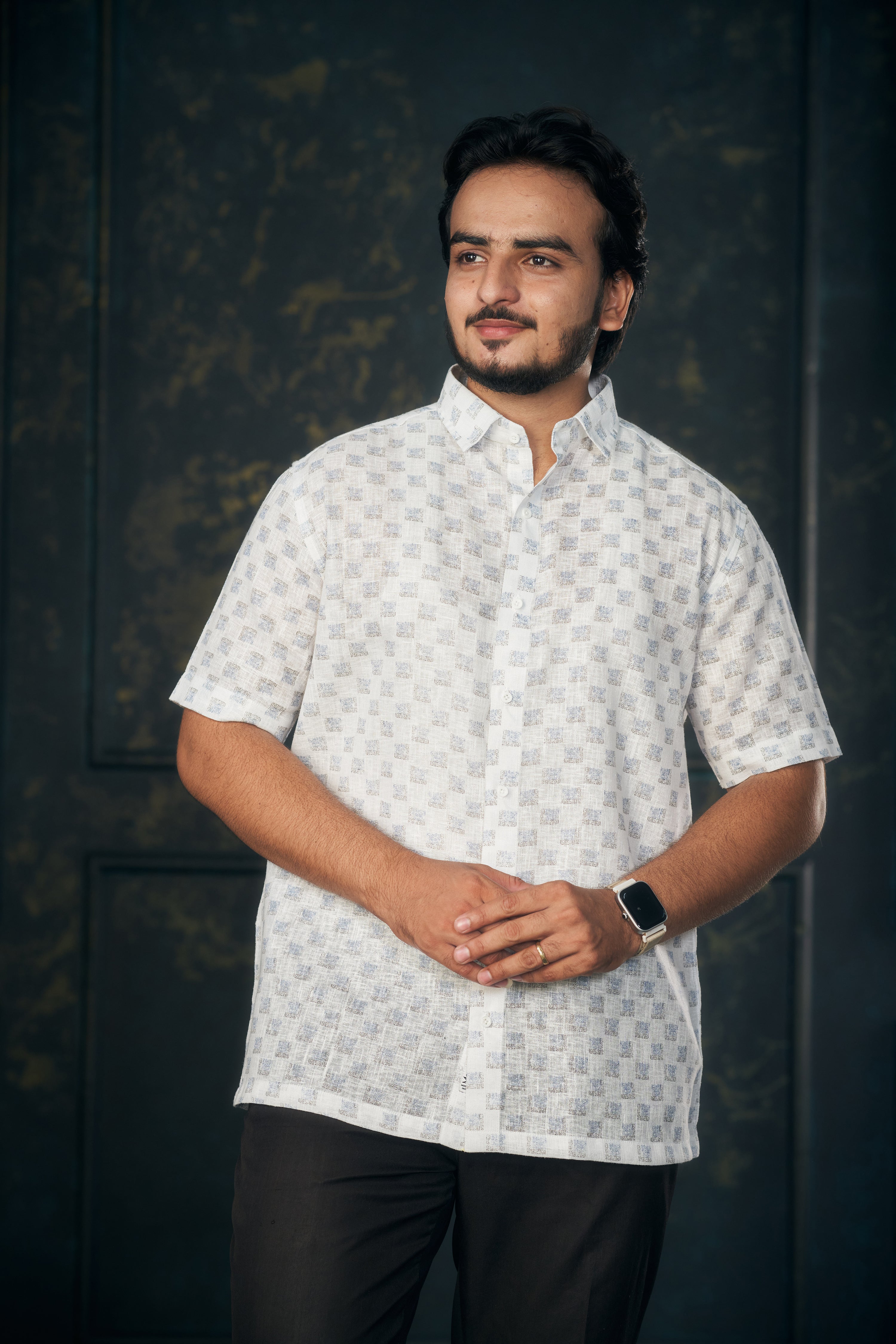 Mensoline Light Blue Box Print Cotton Linen Shirt.