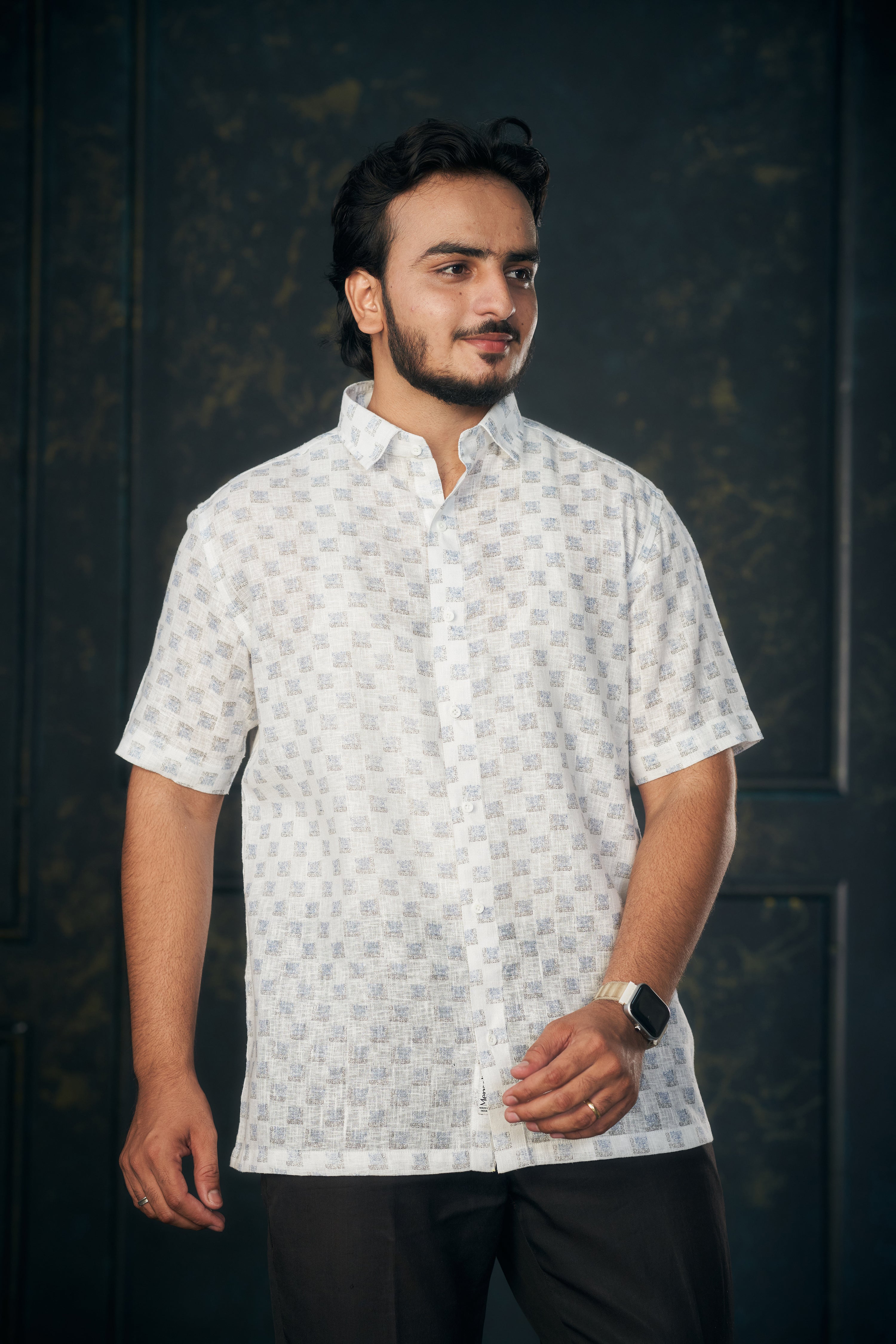 Mensoline Light Blue Box Print Cotton Linen Shirt.