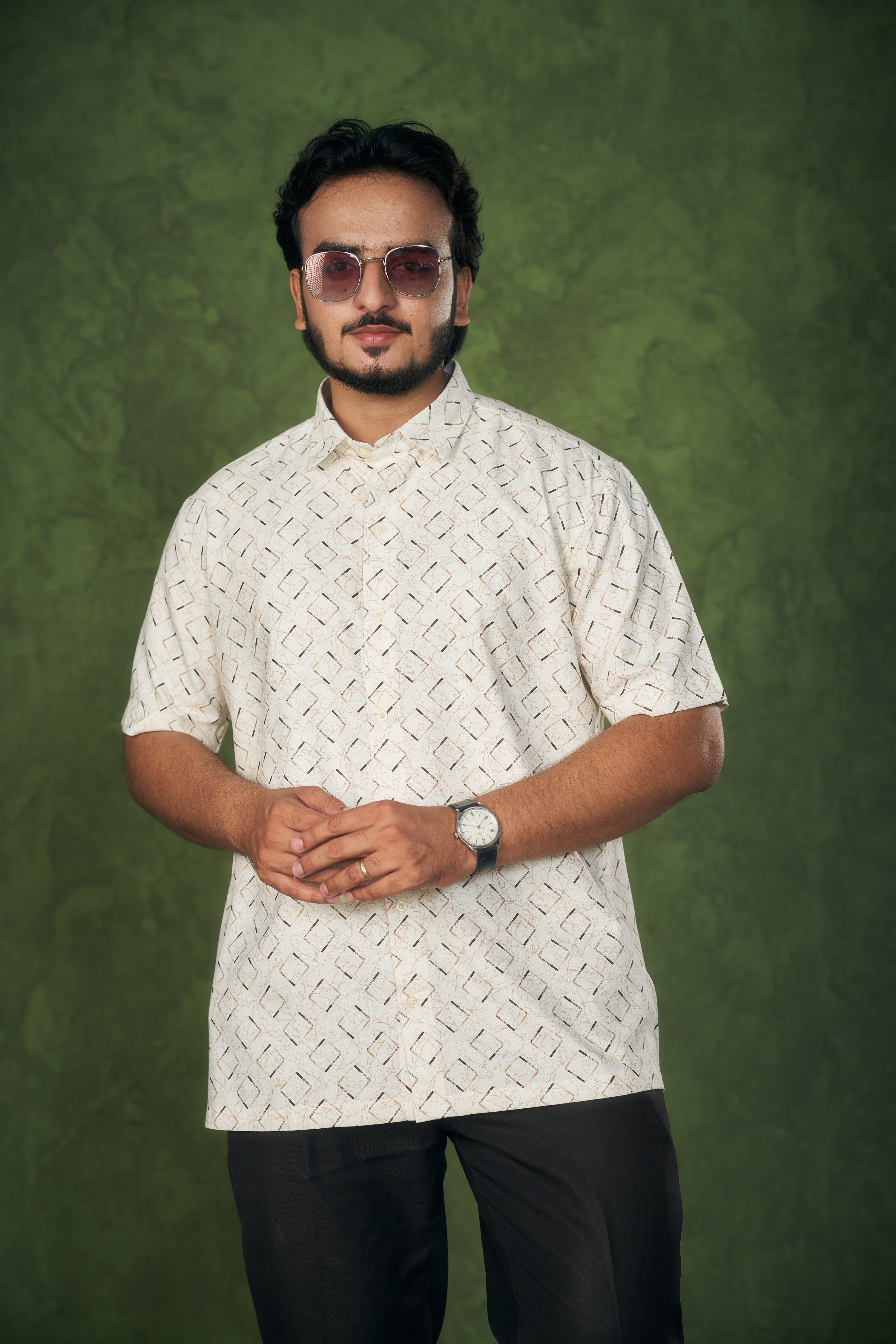 Mensoline Men's Twill Cotton Shirt Off White with Geometric Print.