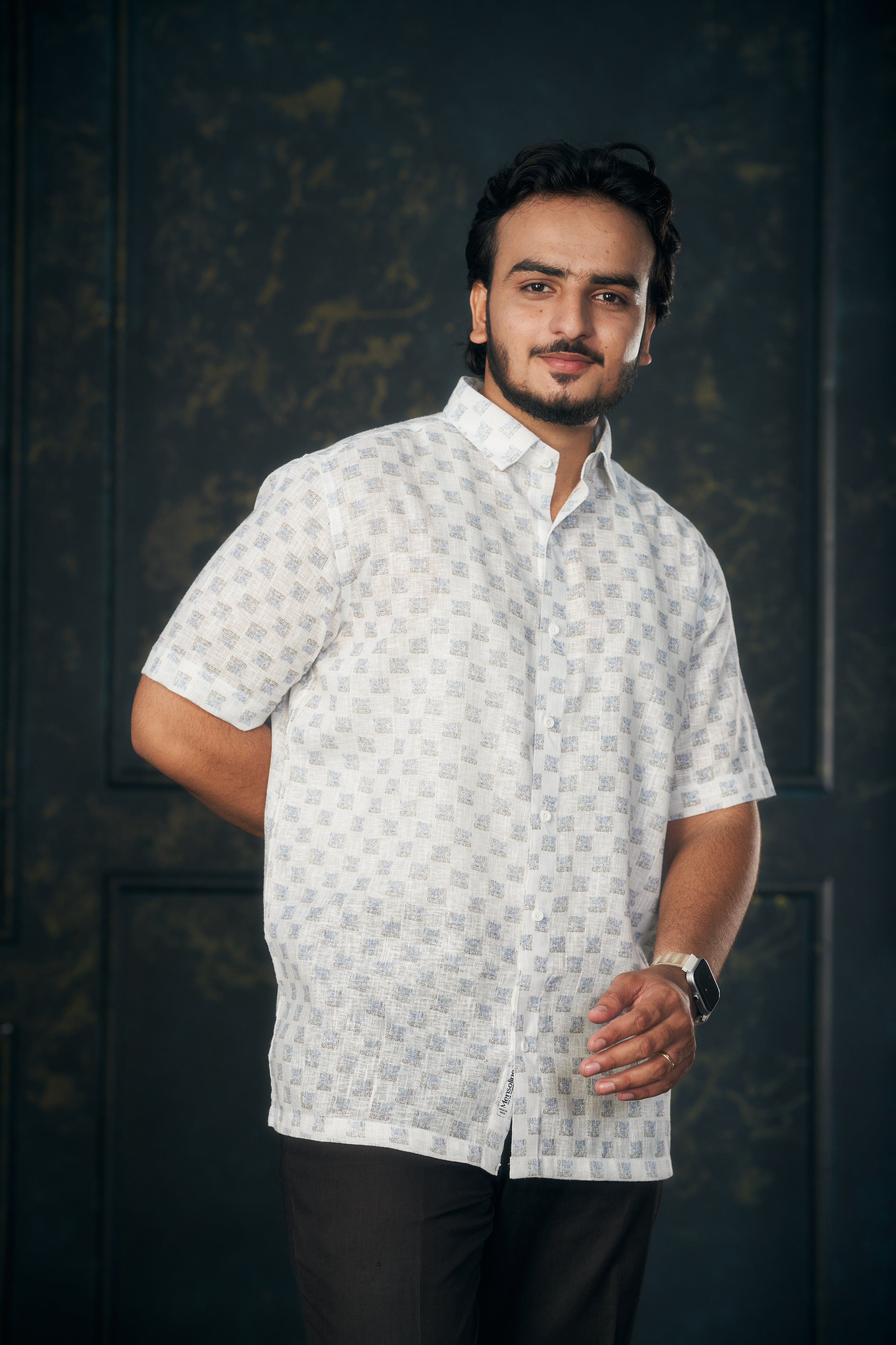 Mensoline Light Blue Box Print Cotton Linen Shirt.