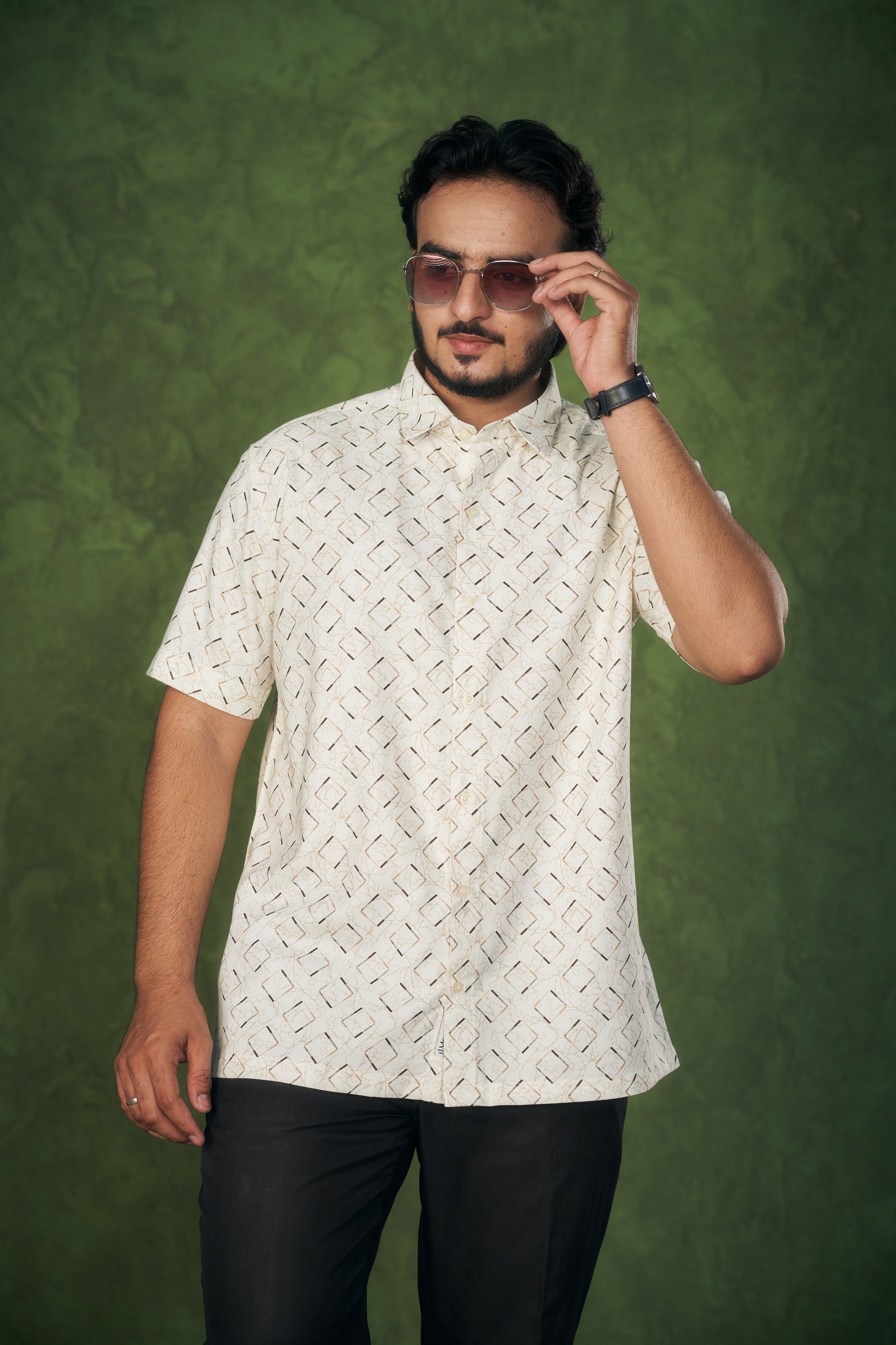 Mensoline Men's Twill Cotton Shirt Off White with Geometric Print.