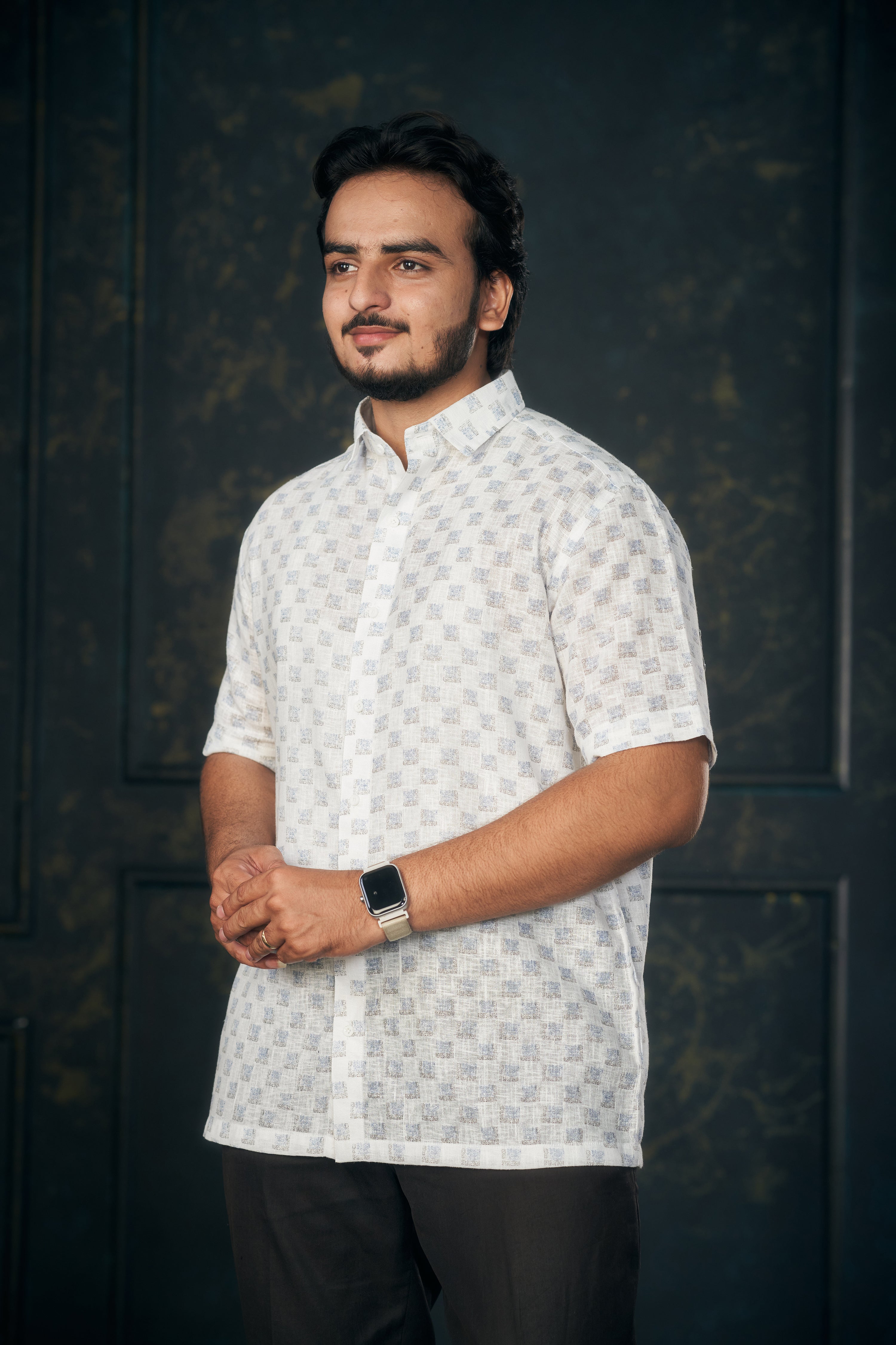 Mensoline Light Blue Box Print Cotton Linen Shirt.