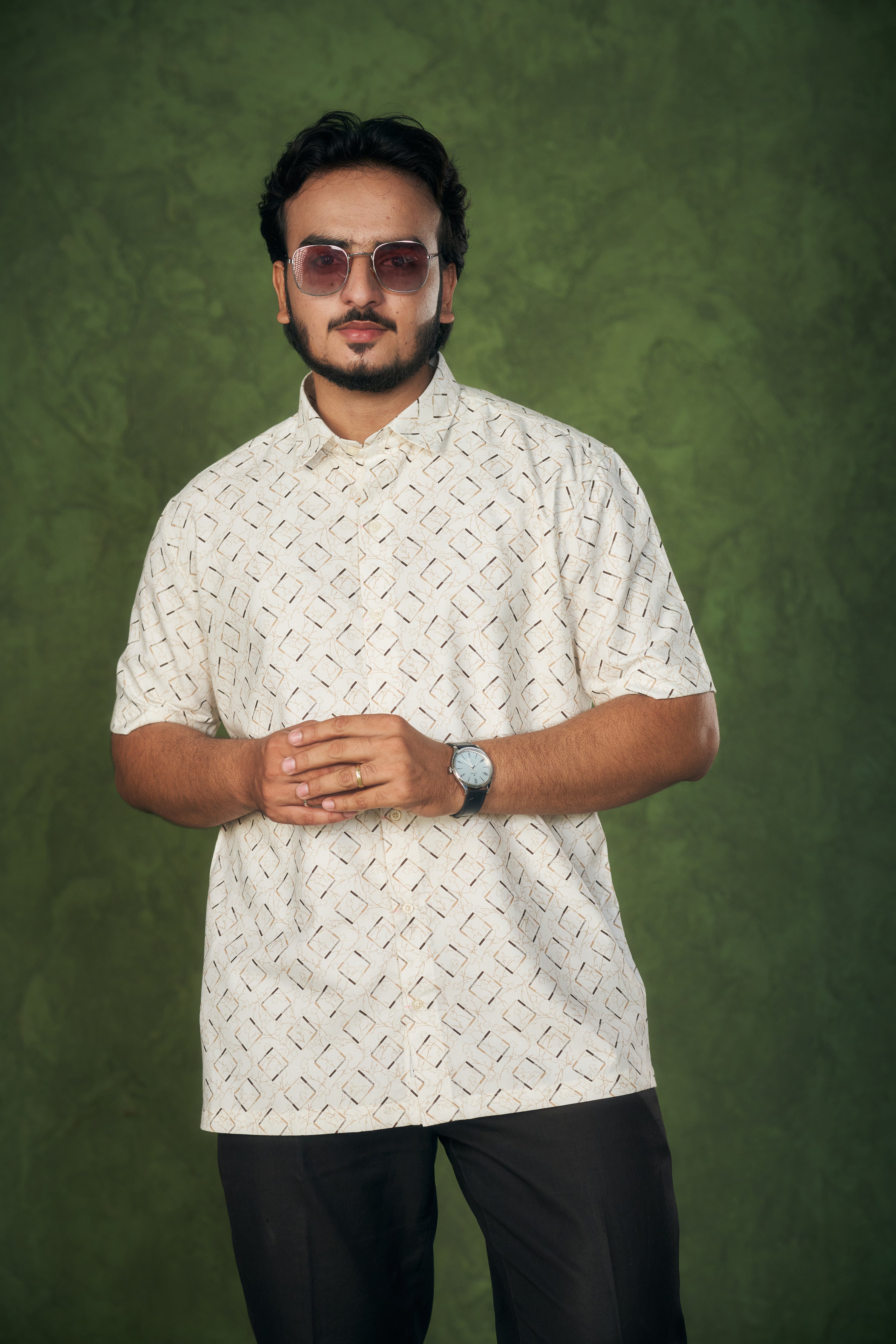 Mensoline Men's Twill Cotton Shirt Off White with Geometric Print.
