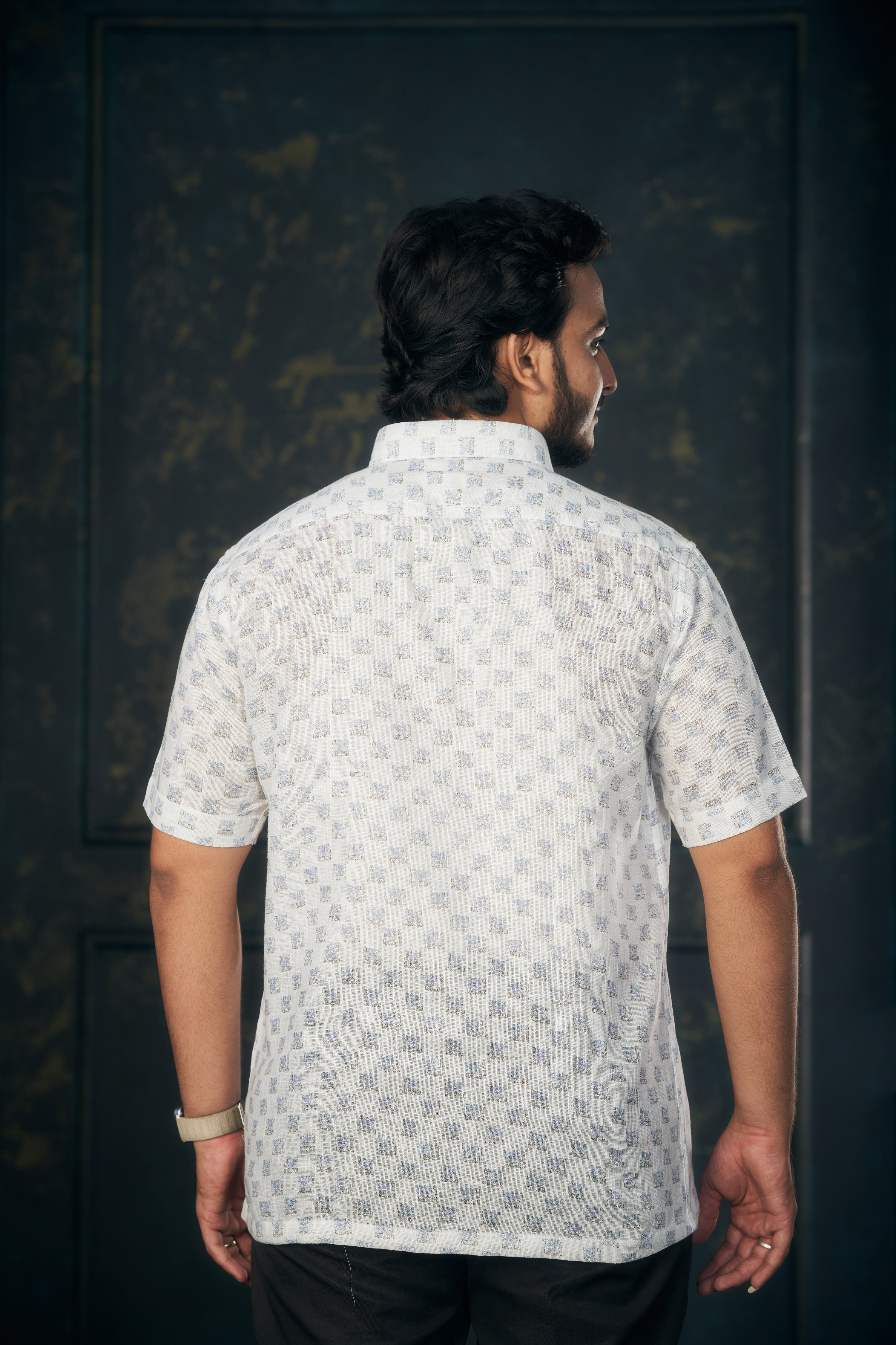 Mensoline Light Blue Box Print Cotton Linen Shirt.