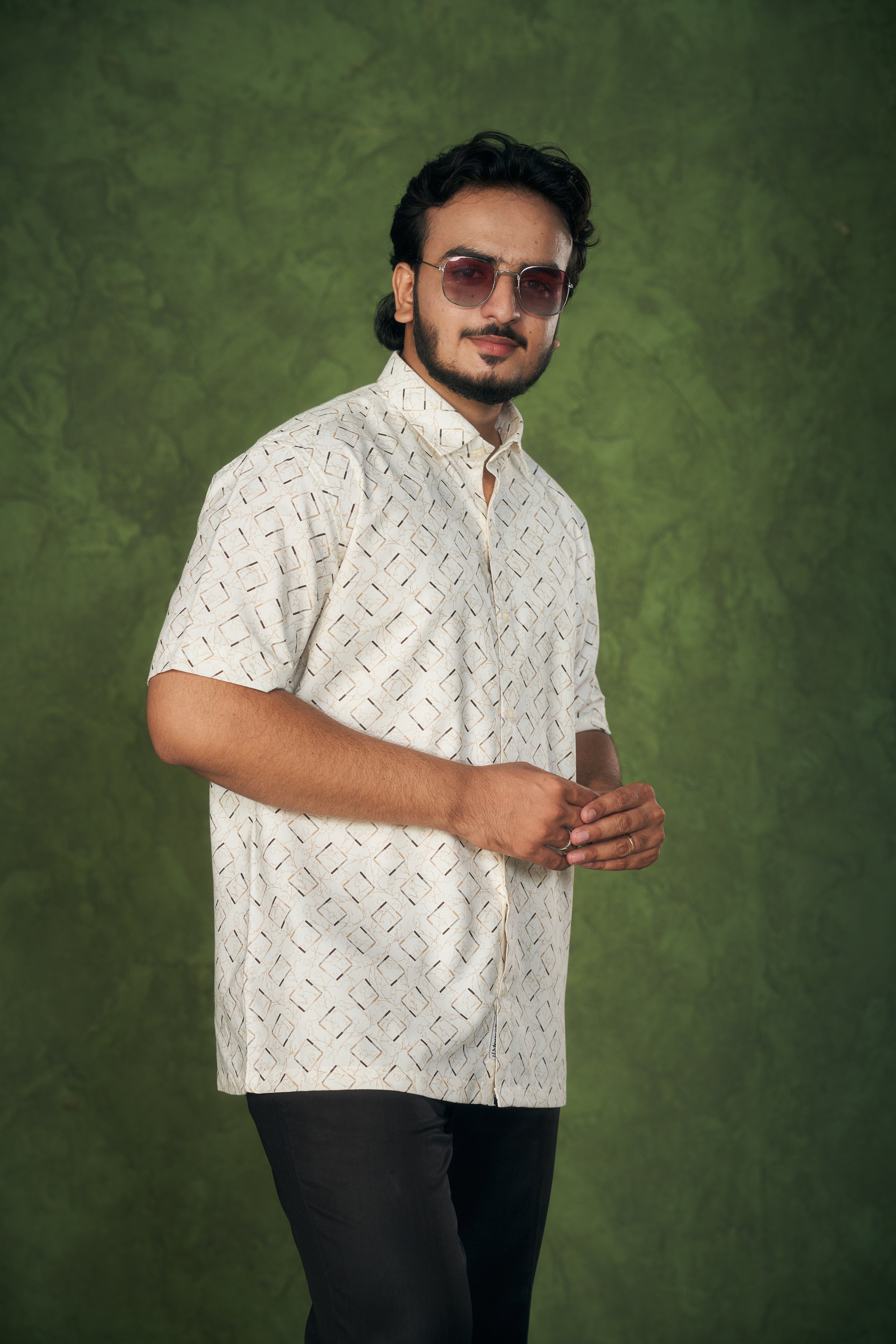 Mensoline Men's Twill Cotton Shirt Off White with Geometric Print.
