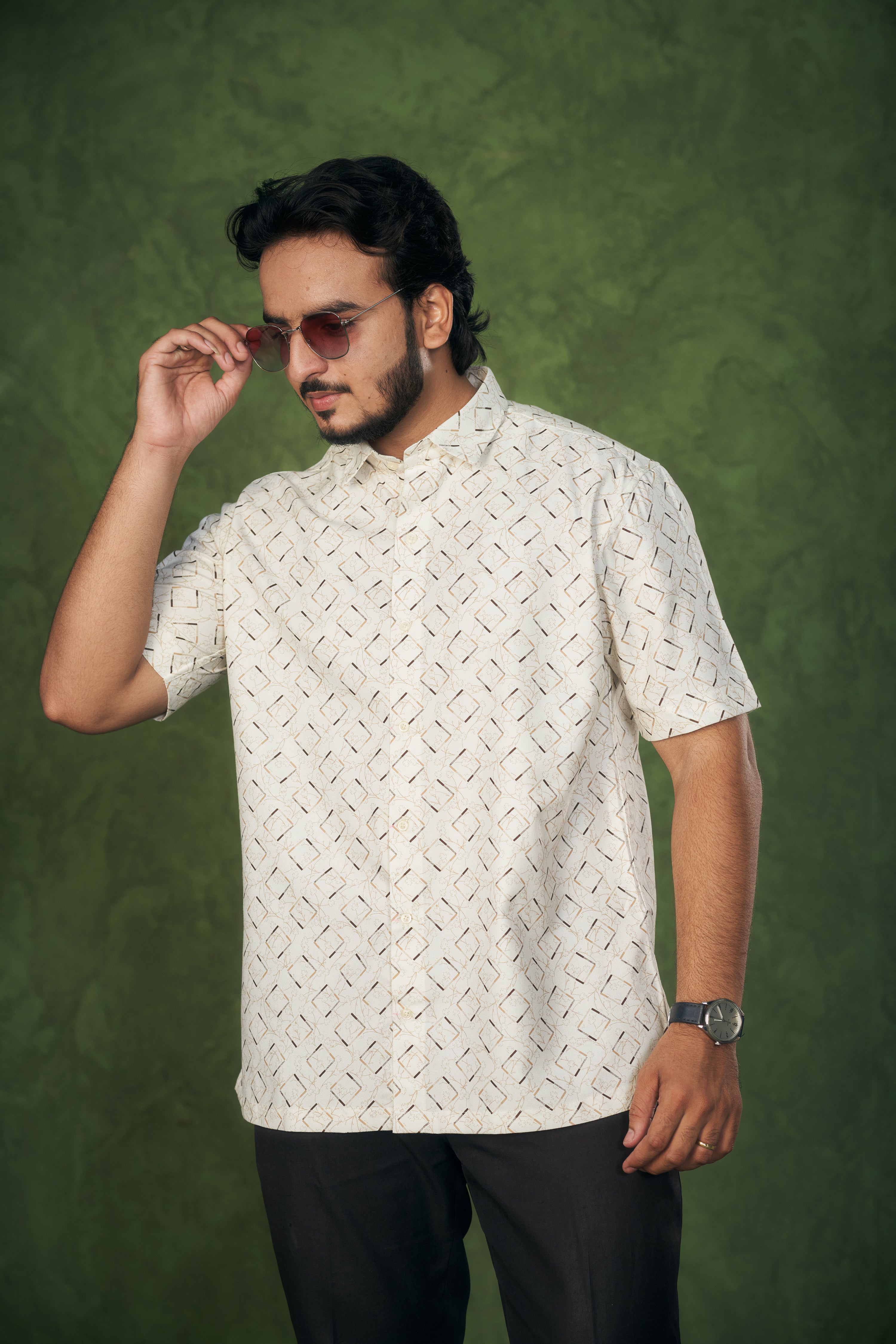 Mensoline Men's Twill Cotton Shirt Off White with Geometric Print.