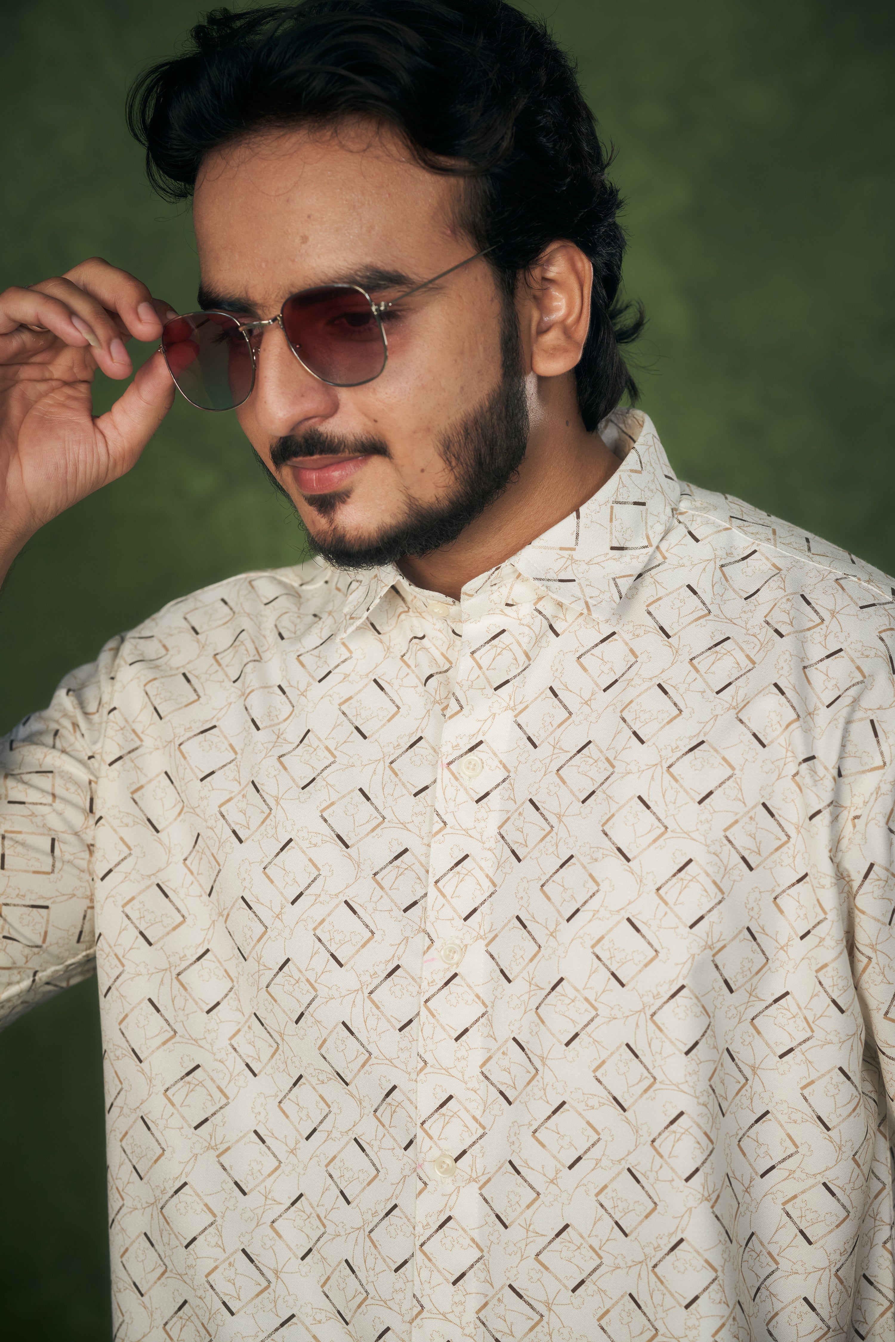 Mensoline Men's Twill Cotton Shirt Off White with Geometric Print.