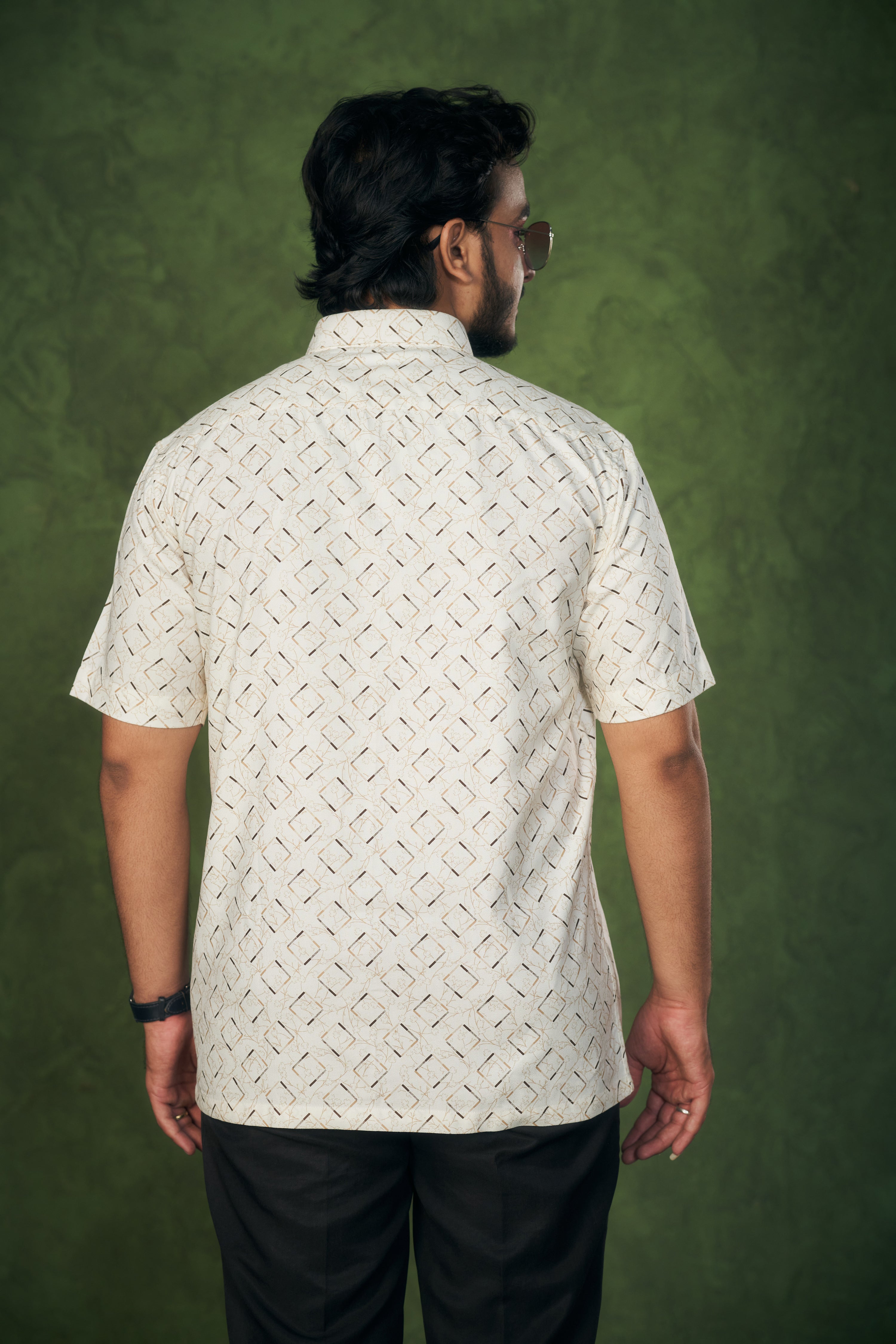 Mensoline Men's Twill Cotton Shirt Off White with Geometric Print.