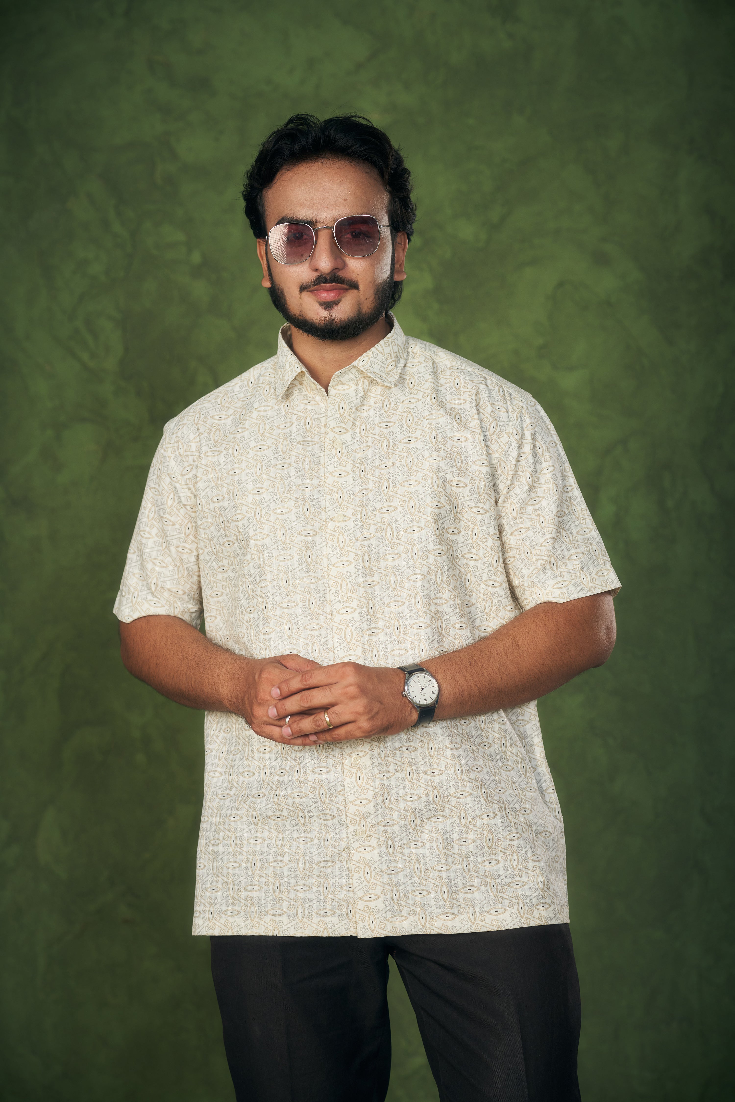 Mensoline Men's Cream Cotton-Linen Shirt with Ethnic Geometric Print.