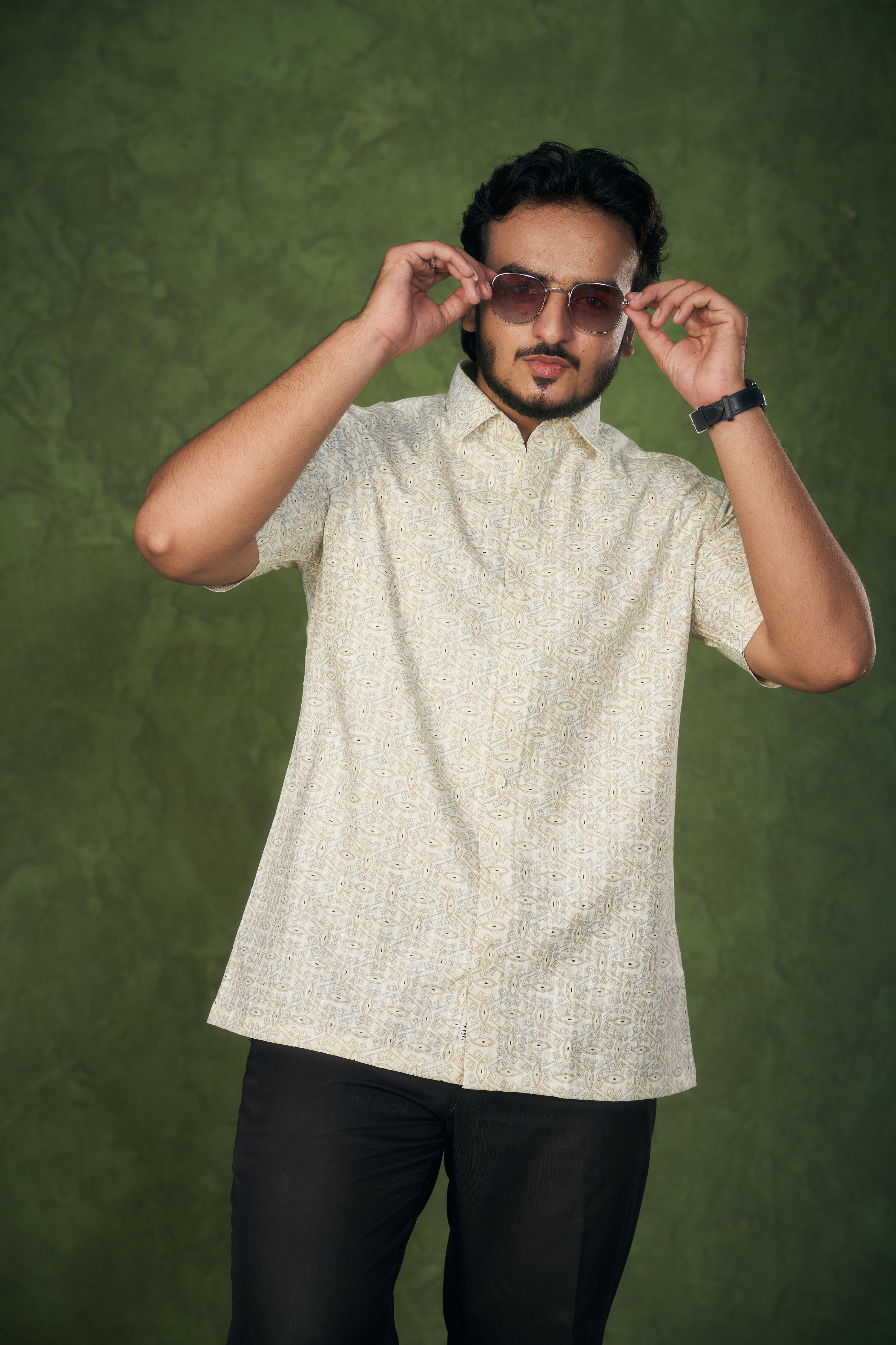 Mensoline Men's Cream Cotton-Linen Shirt with Ethnic Geometric Print.