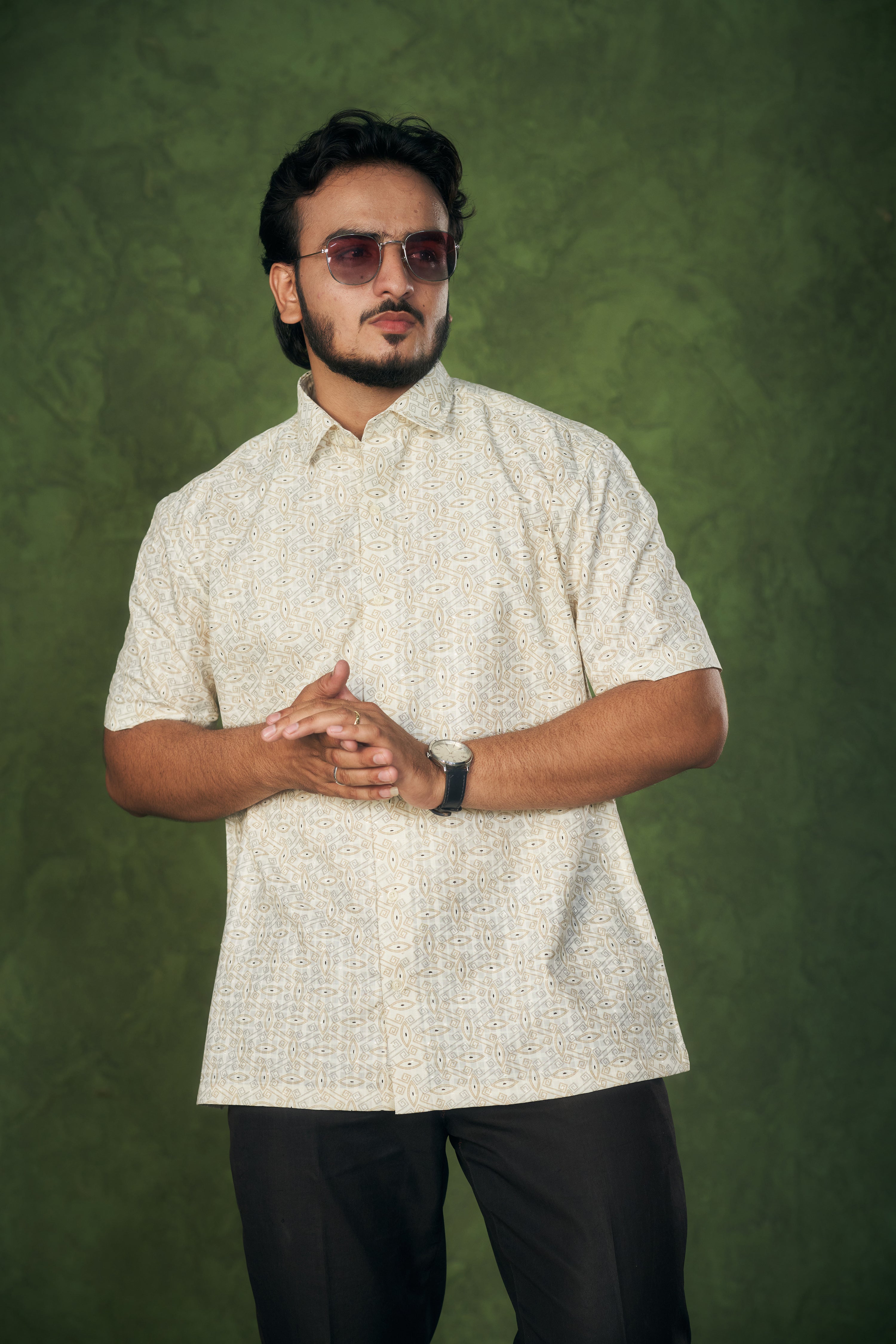 Mensoline Men's Cream Cotton-Linen Shirt with Ethnic Geometric Print.