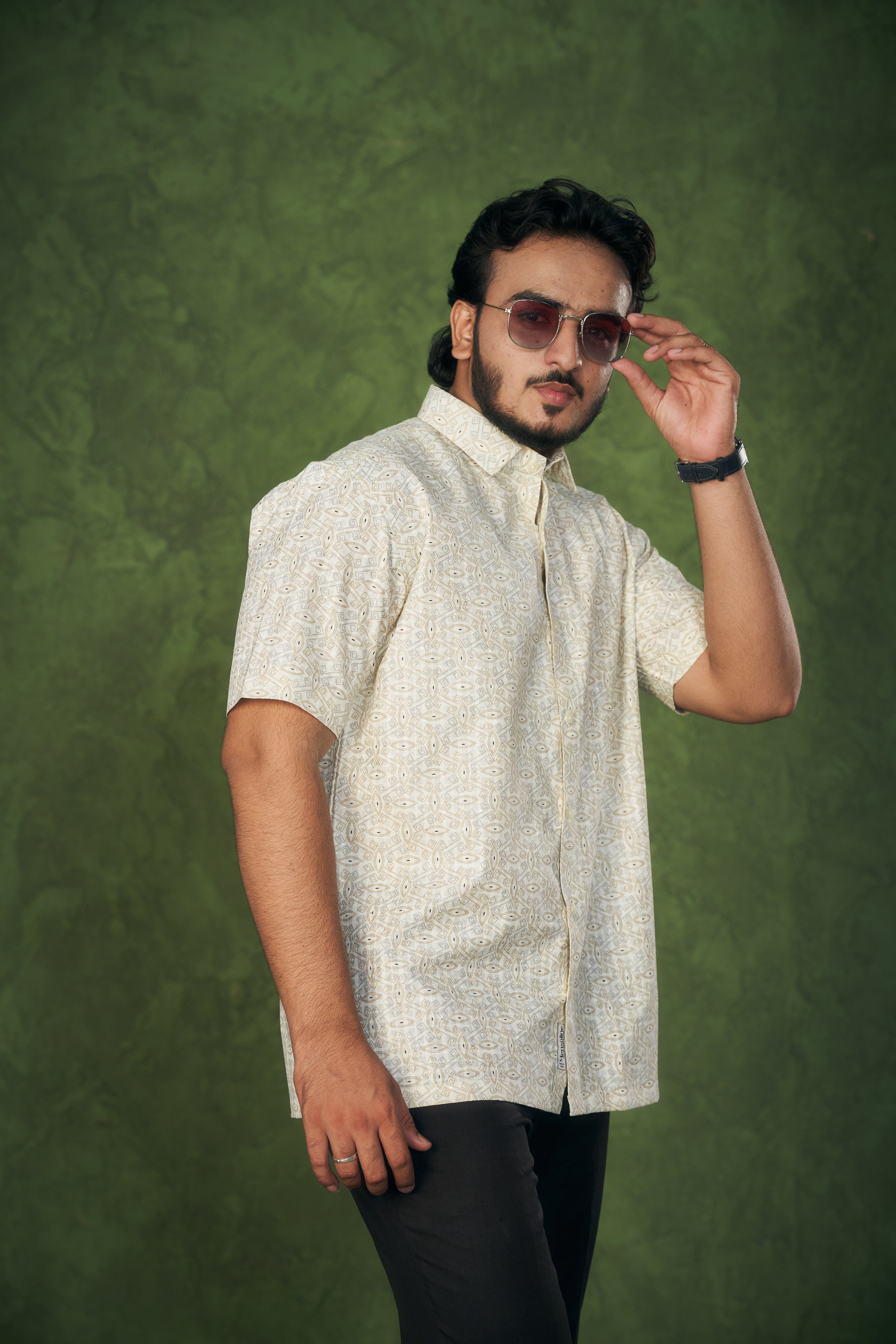 Mensoline Men's Cream Cotton-Linen Shirt with Ethnic Geometric Print.
