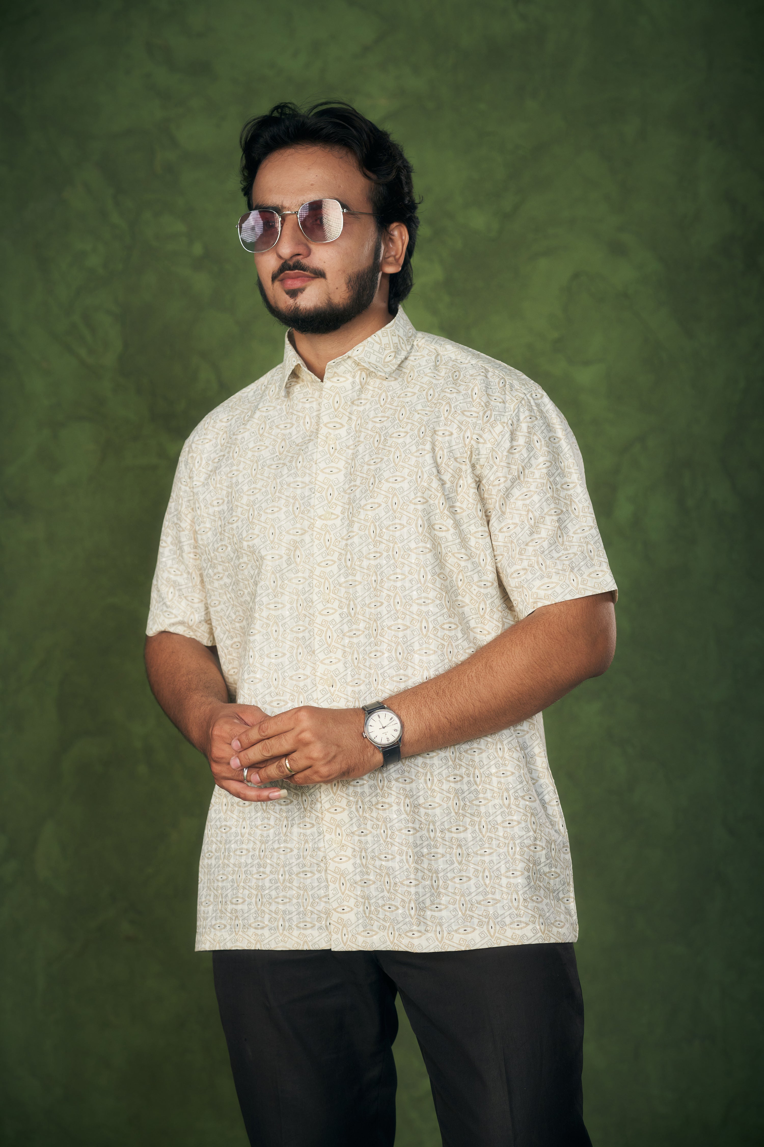 Mensoline Men's Cream Cotton-Linen Shirt with Ethnic Geometric Print.