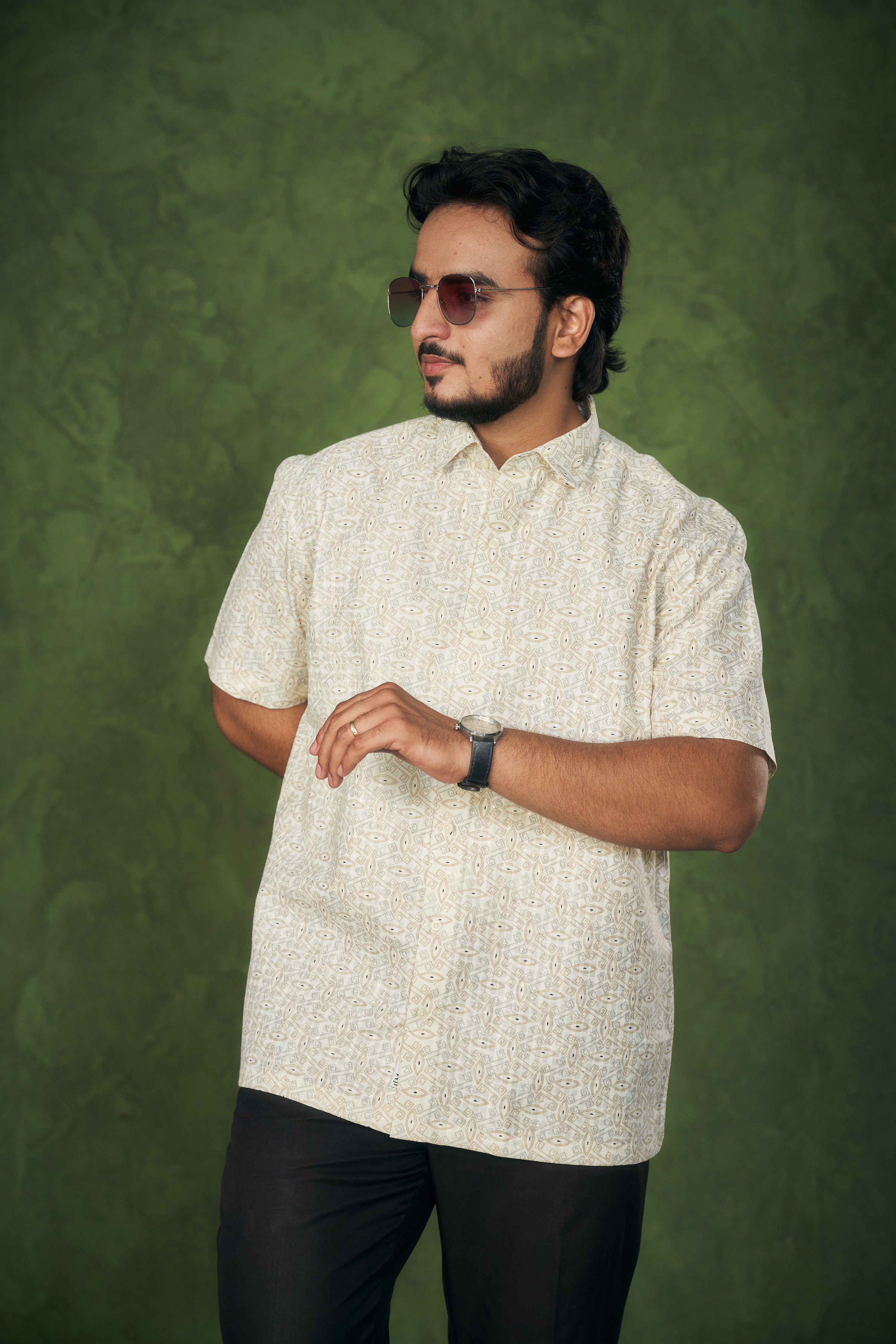 Mensoline Men's Cream Cotton-Linen Shirt with Ethnic Geometric Print.