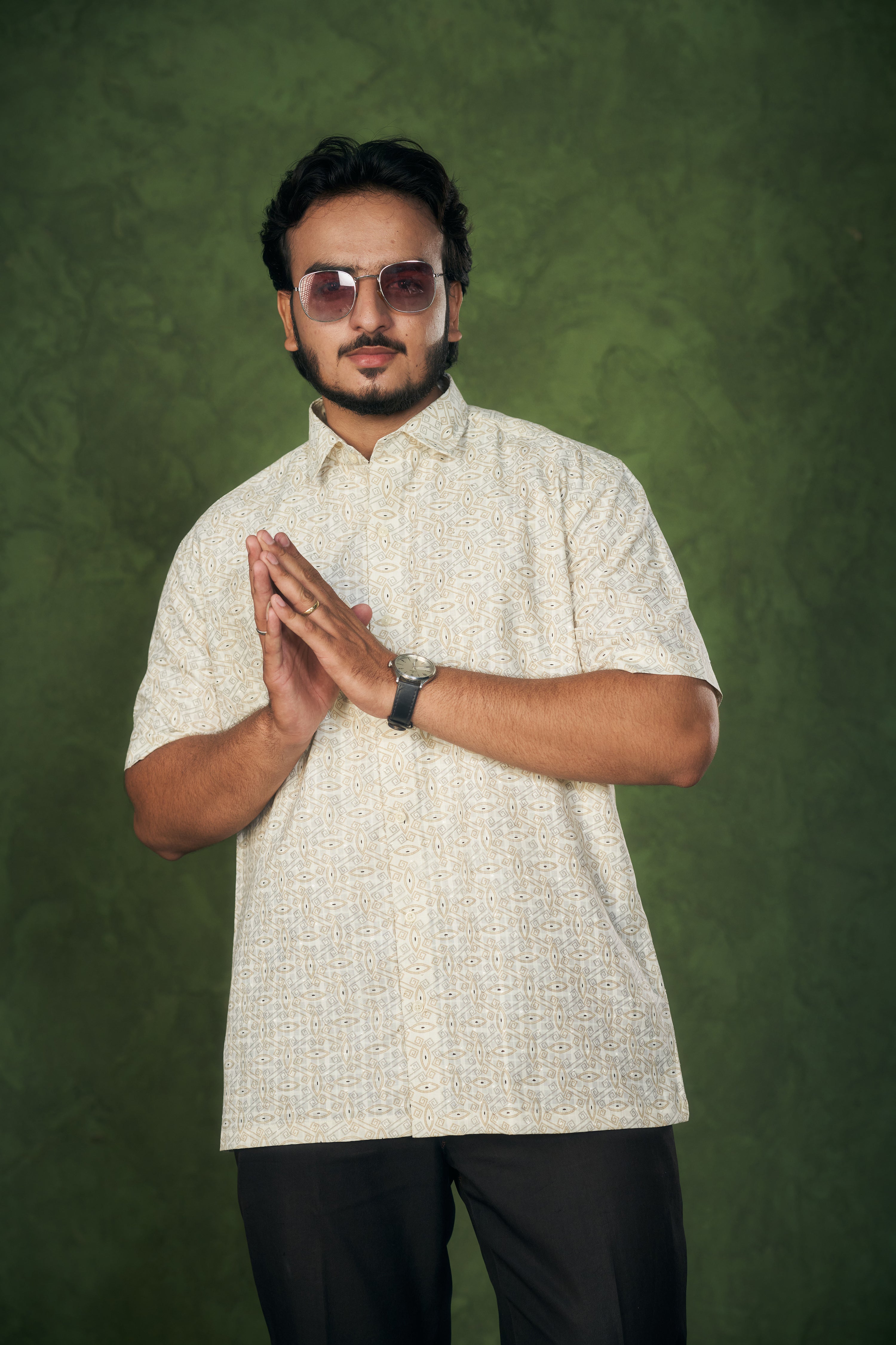 Mensoline Men's Cream Cotton-Linen Shirt with Ethnic Geometric Print.