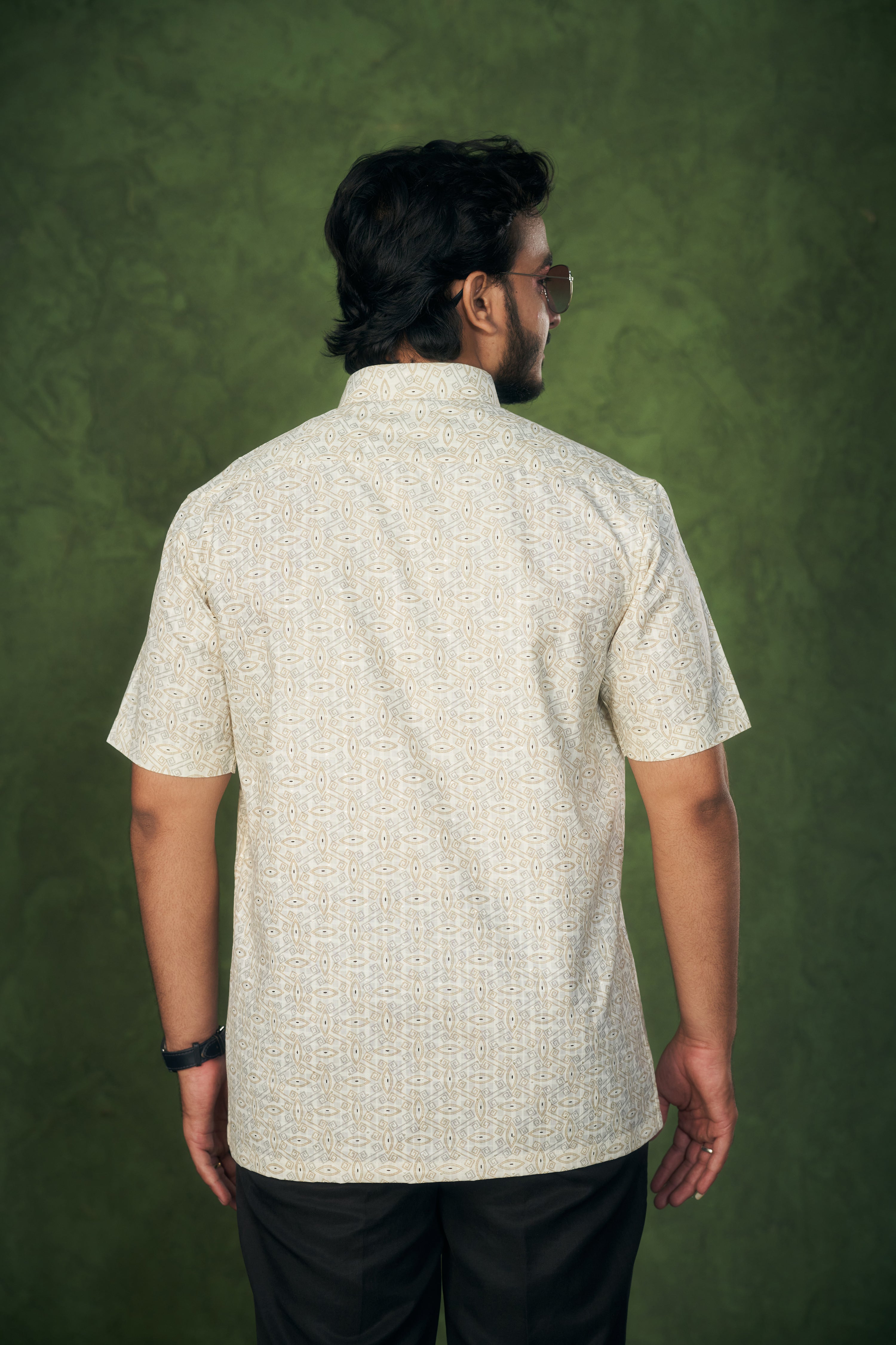 Mensoline Men's Cream Cotton-Linen Shirt with Ethnic Geometric Print.