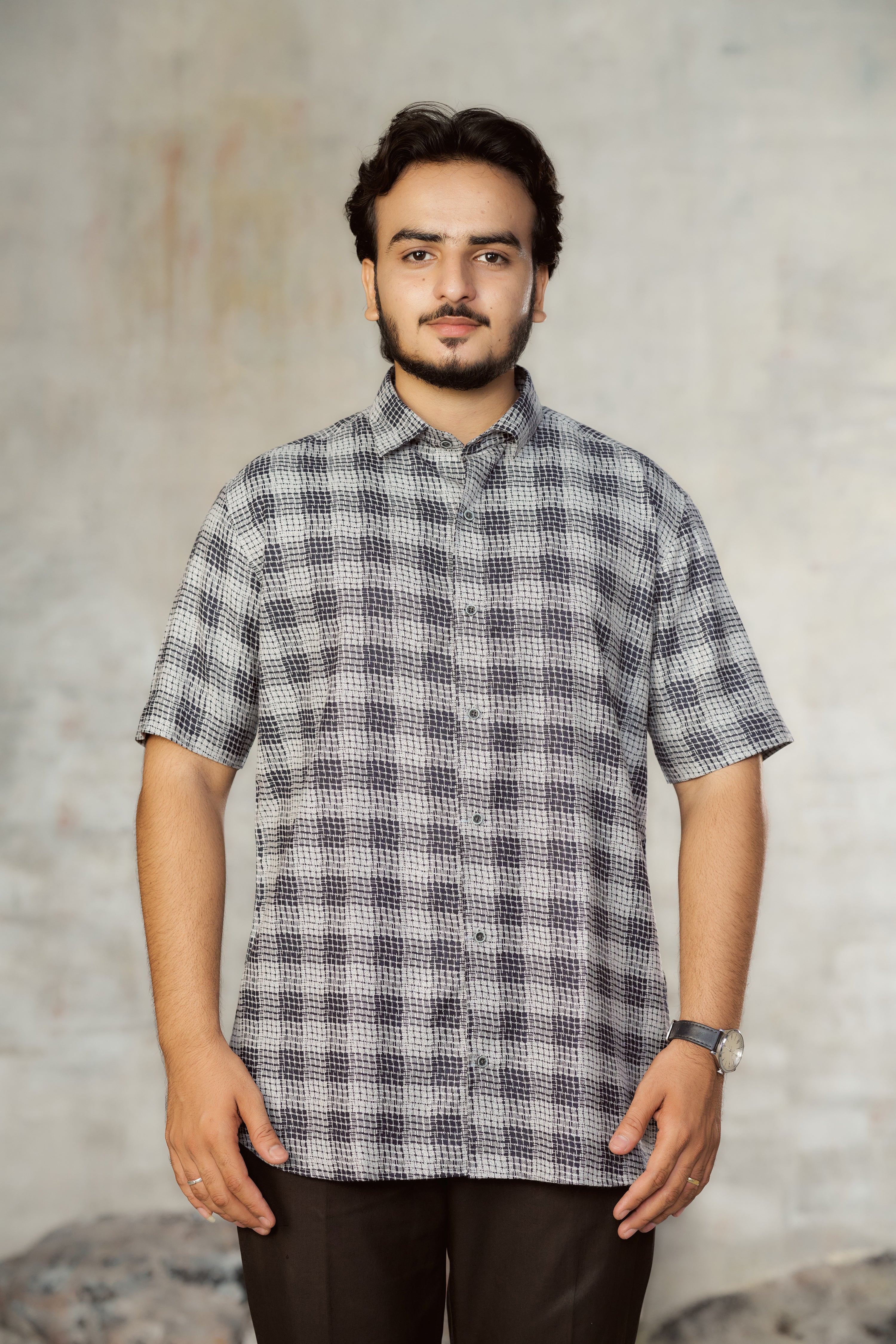 Mensoline Classic Monochrome Grid Print Lycra Shirt for Men.