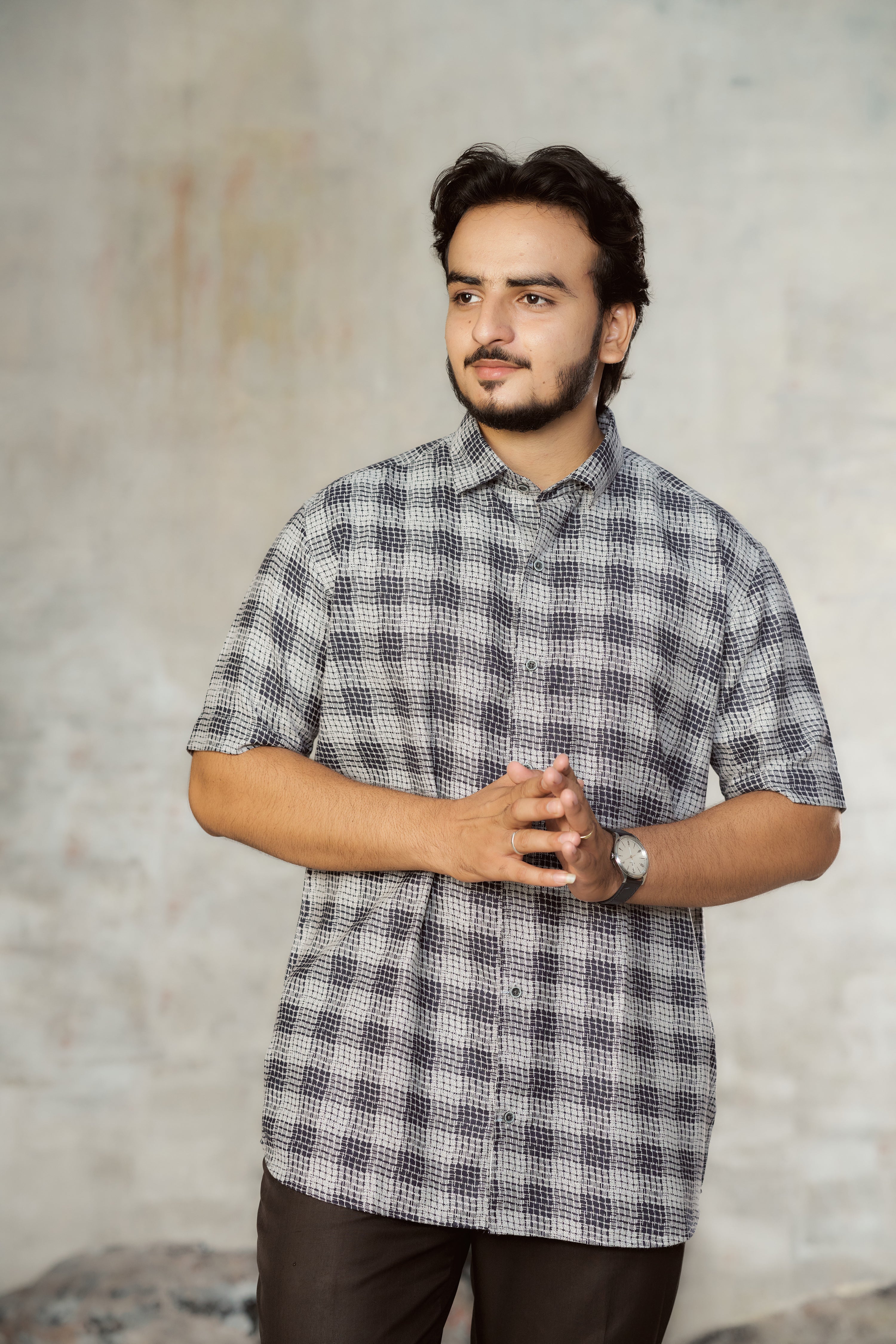 Mensoline Classic Monochrome Grid Print Lycra Shirt for Men.