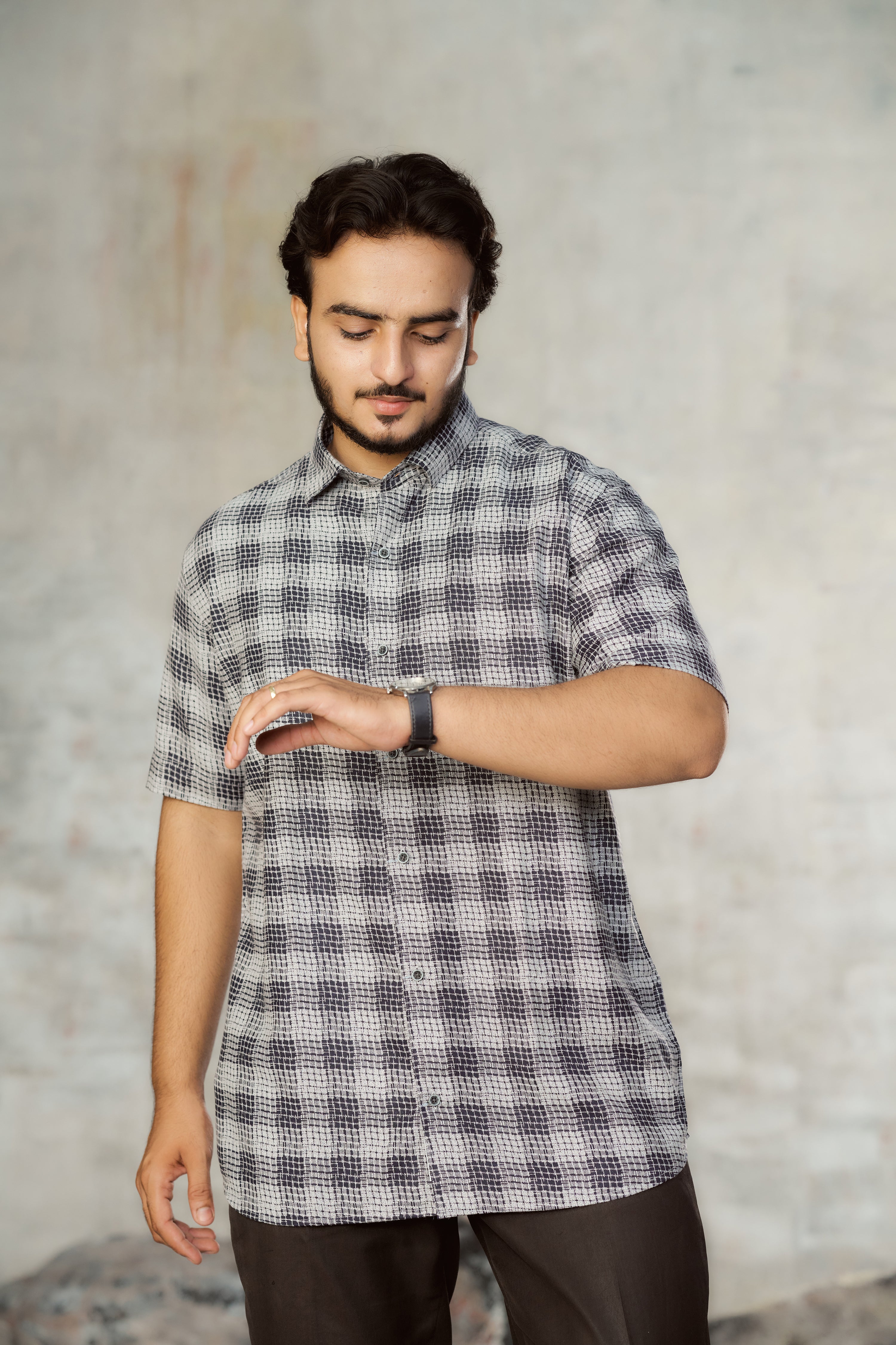 Mensoline Classic Monochrome Grid Print Lycra Shirt for Men.