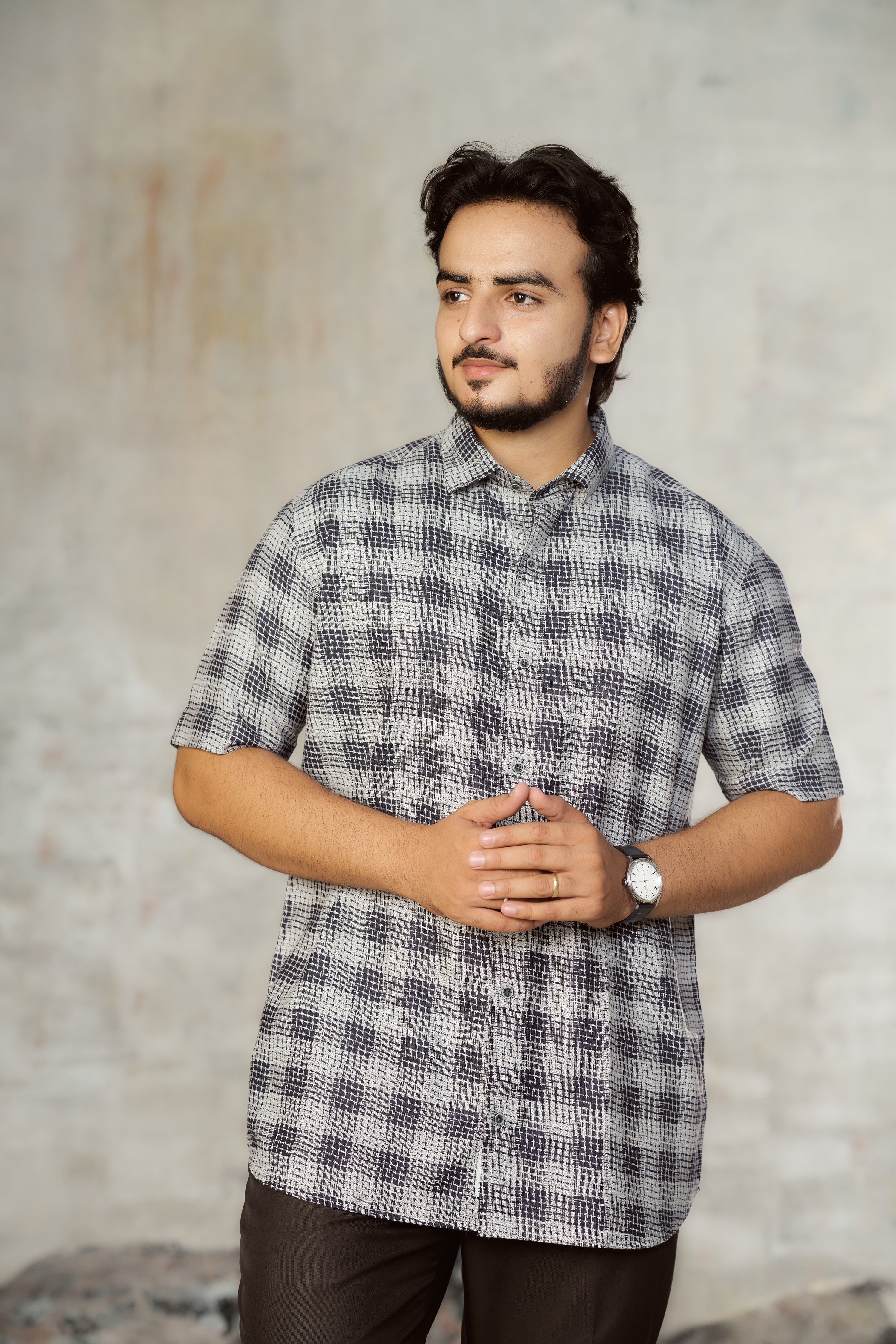 Mensoline Classic Monochrome Grid Print Lycra Shirt for Men.