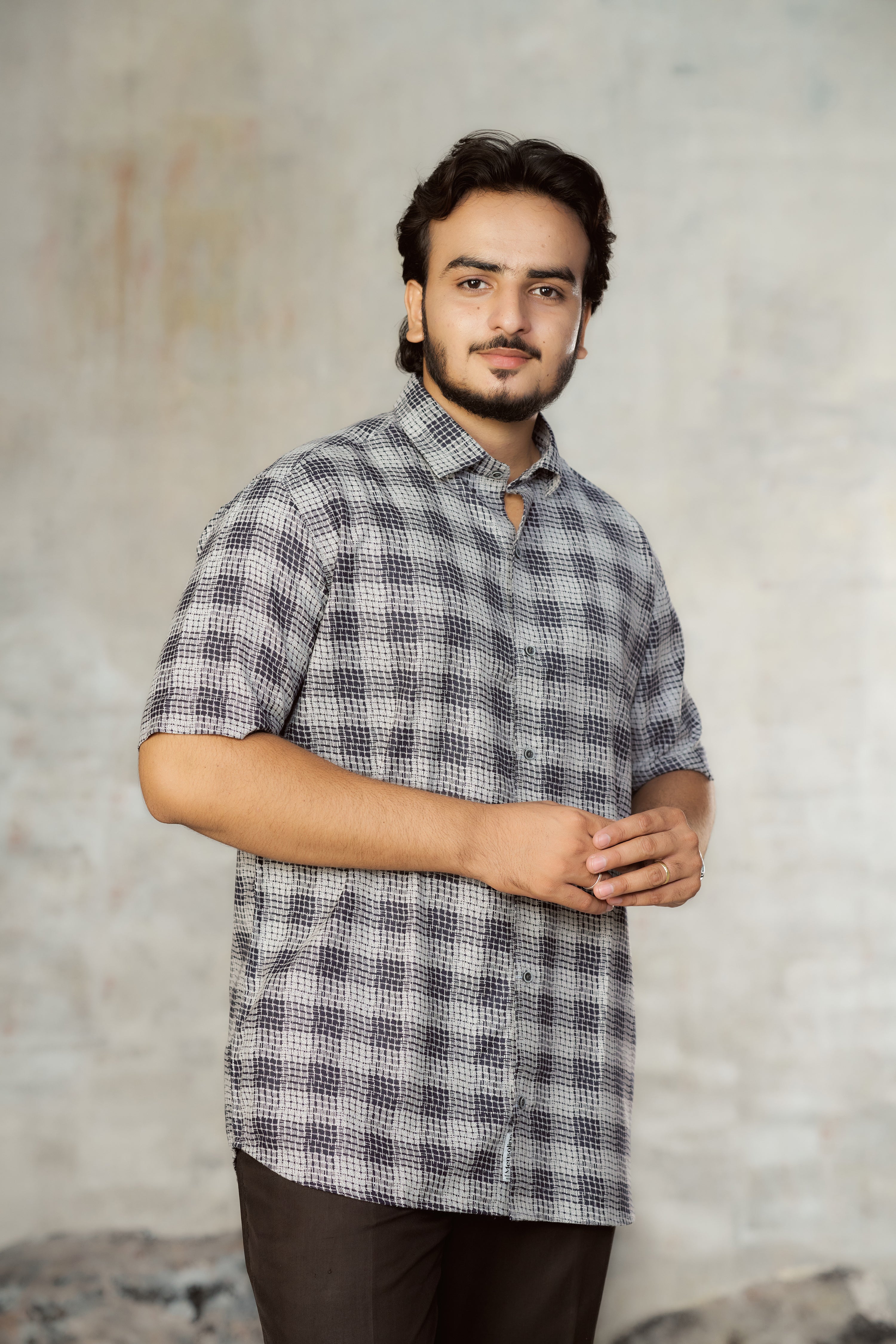 Mensoline Classic Monochrome Grid Print Lycra Shirt for Men.