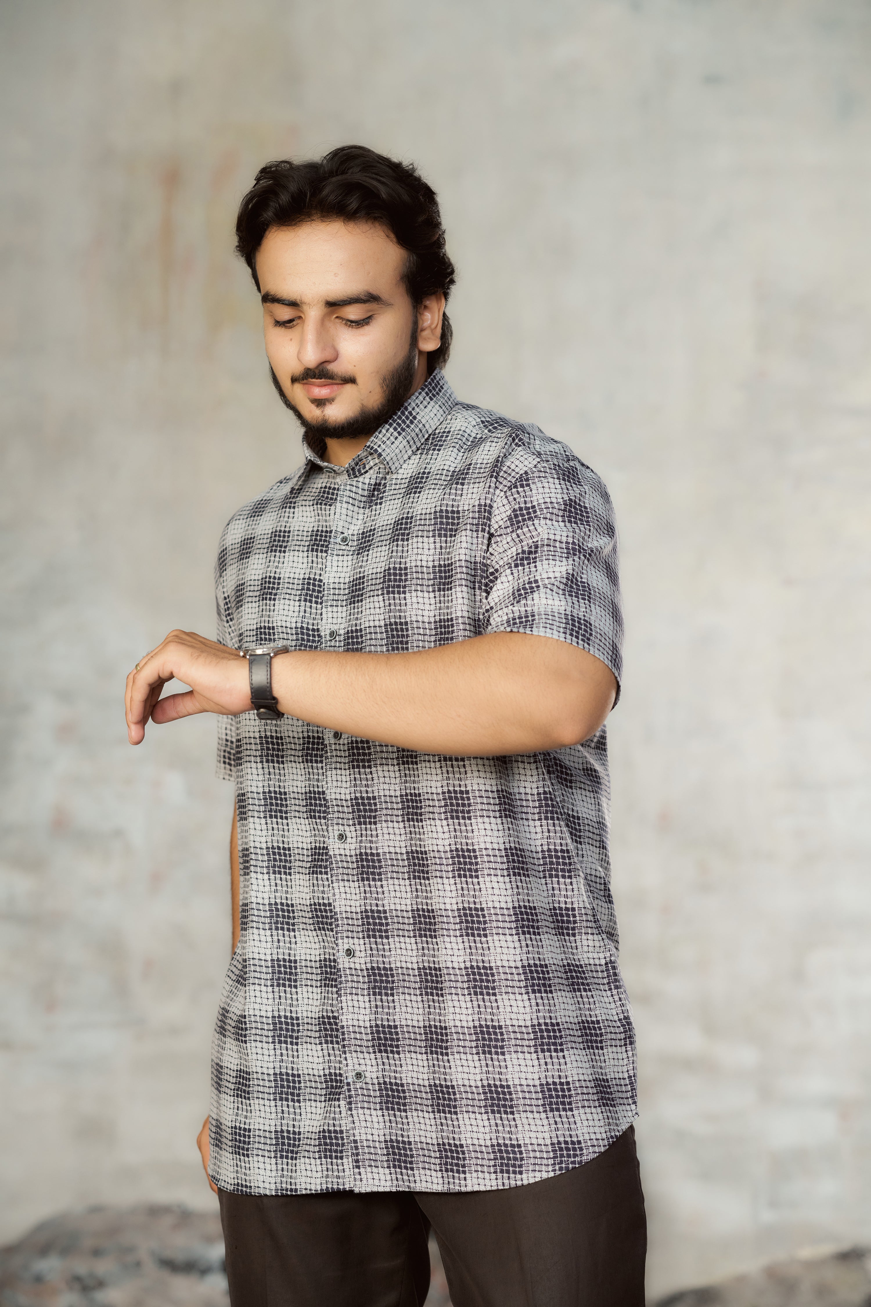 Mensoline Classic Monochrome Grid Print Lycra Shirt for Men.