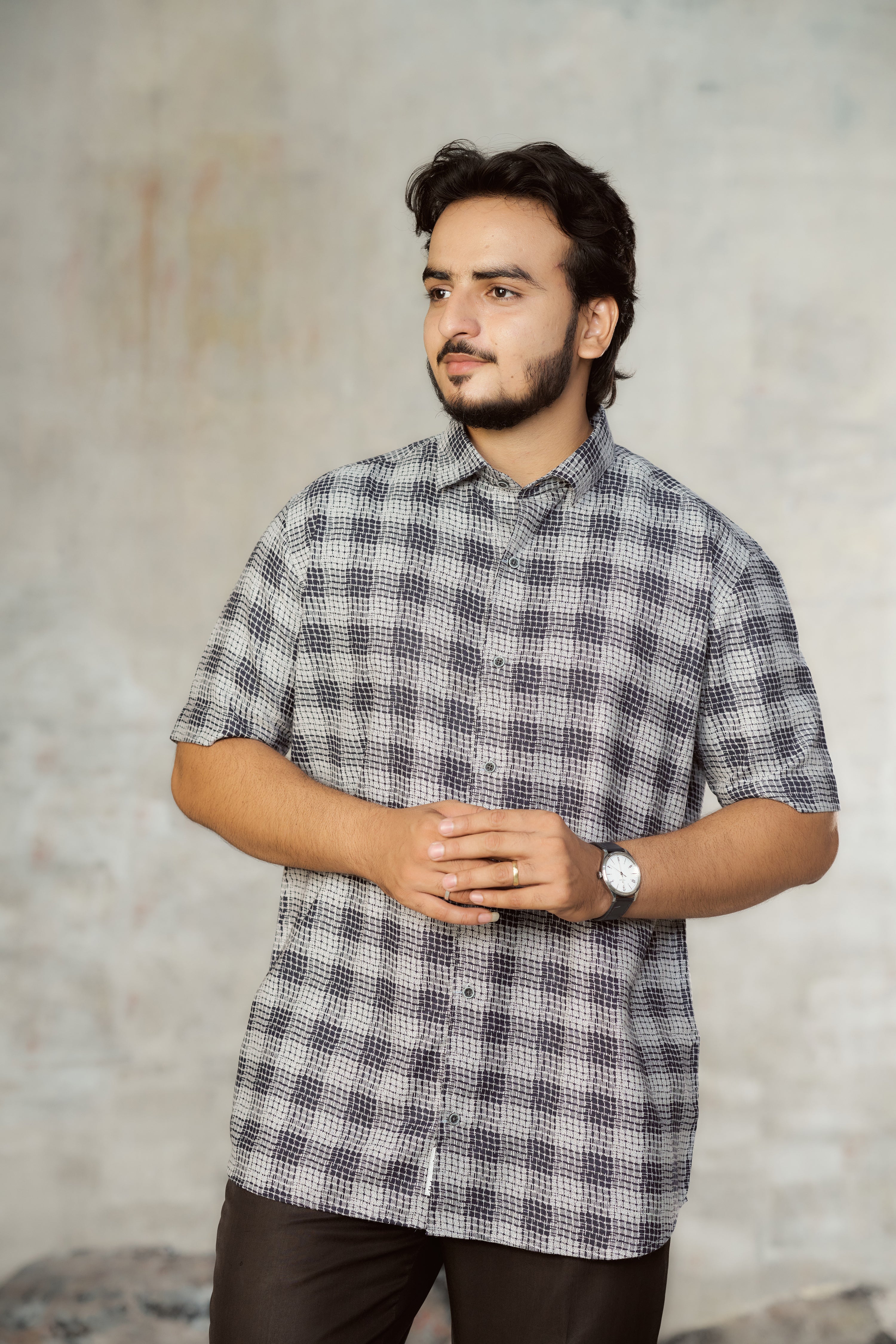 Mensoline Classic Monochrome Grid Print Lycra Shirt for Men.