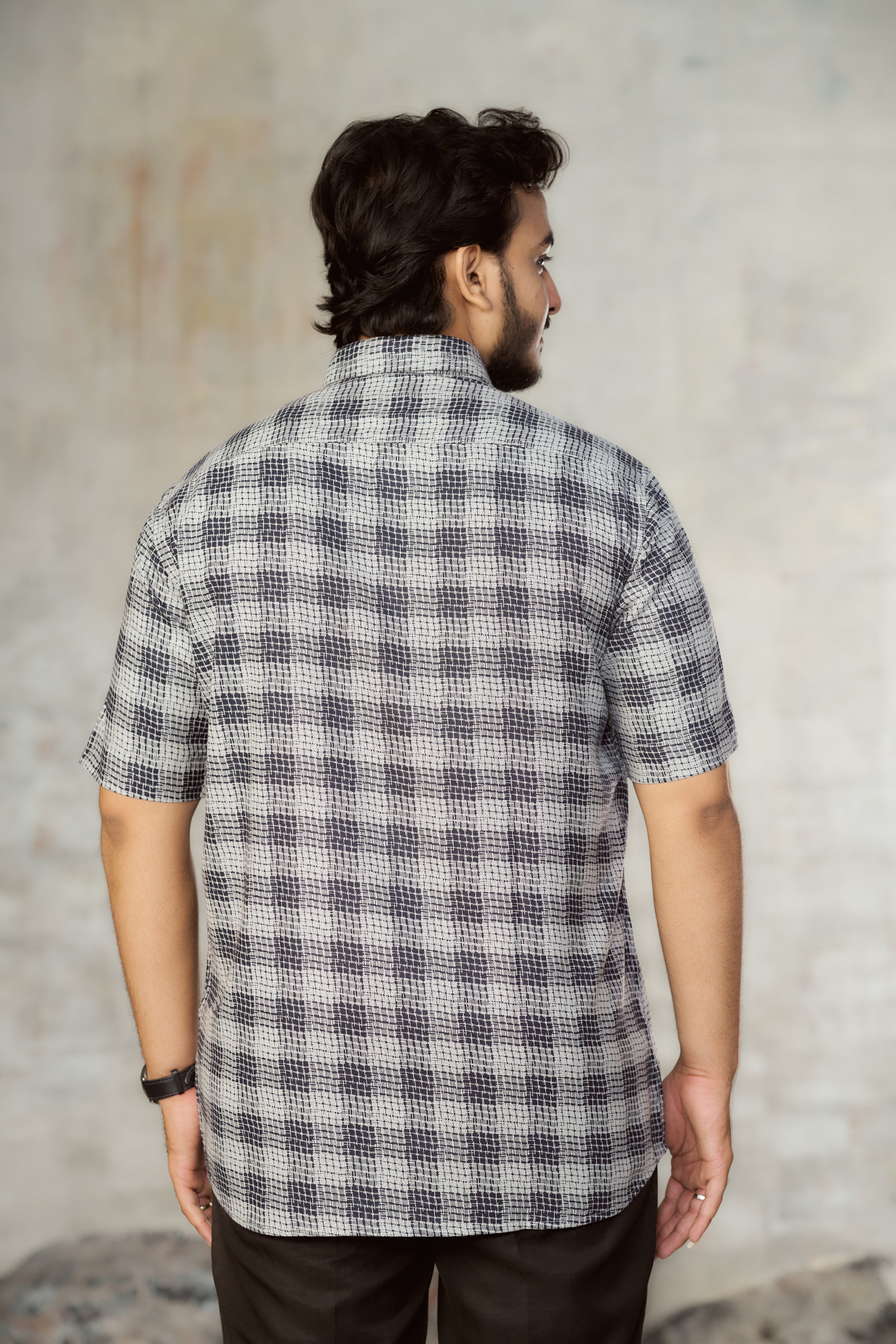 Mensoline Classic Monochrome Grid Print Lycra Shirt for Men.