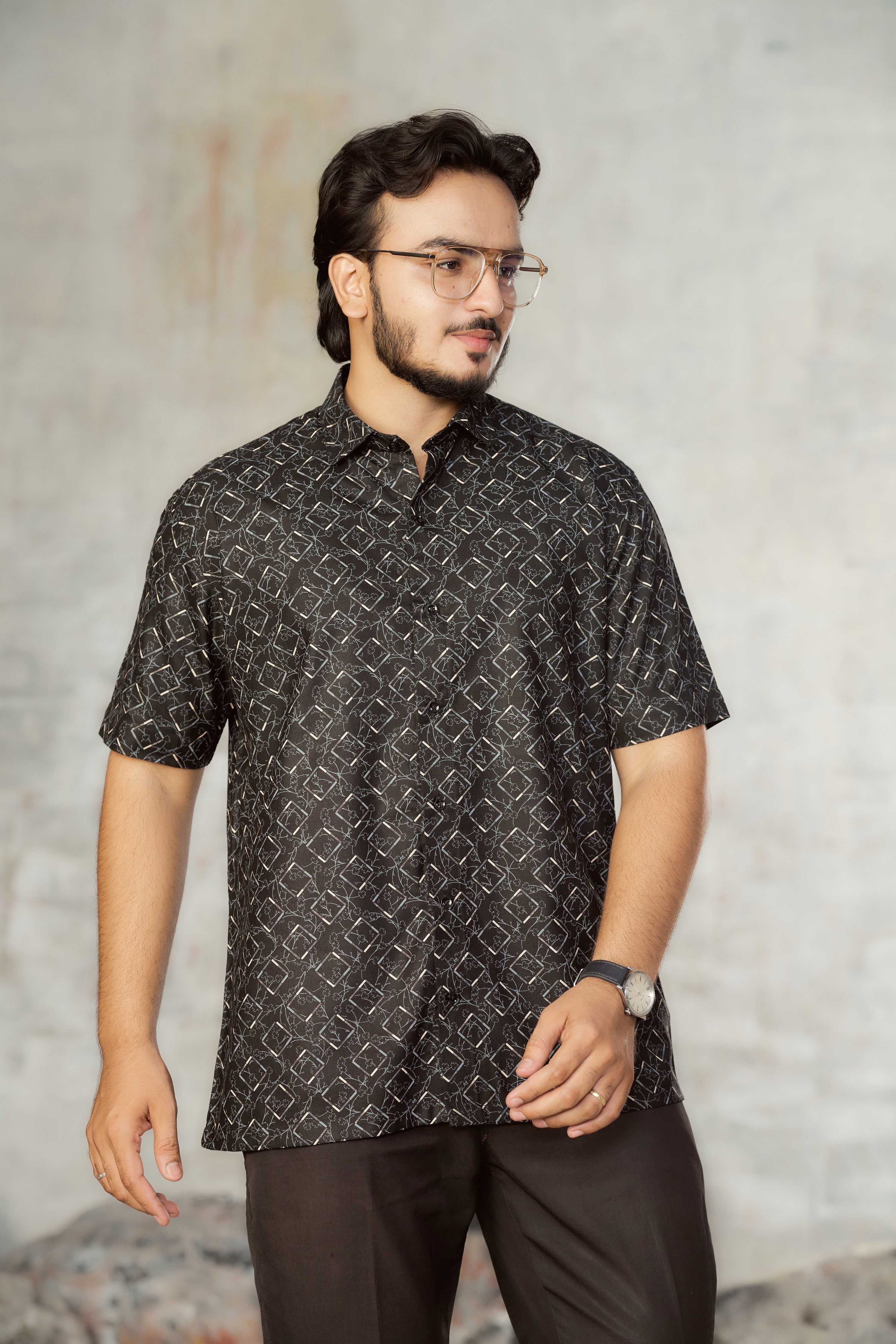 Mensoline Black Abstract Printed Cotton Blend Shirt for Men.