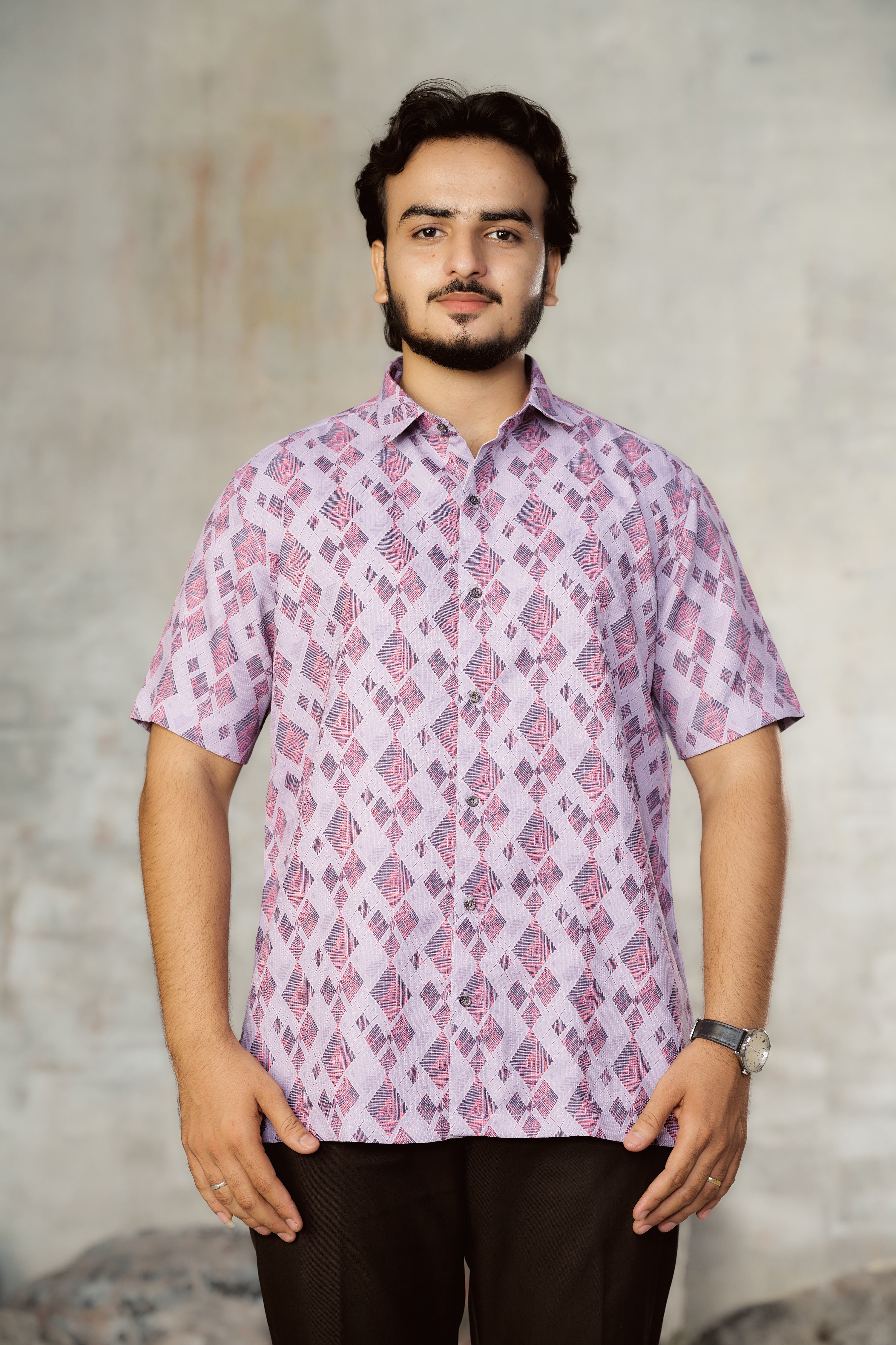Mensoline Men's Textured Geometric Printed Shirt – Lavender Pink Mix Cotton.