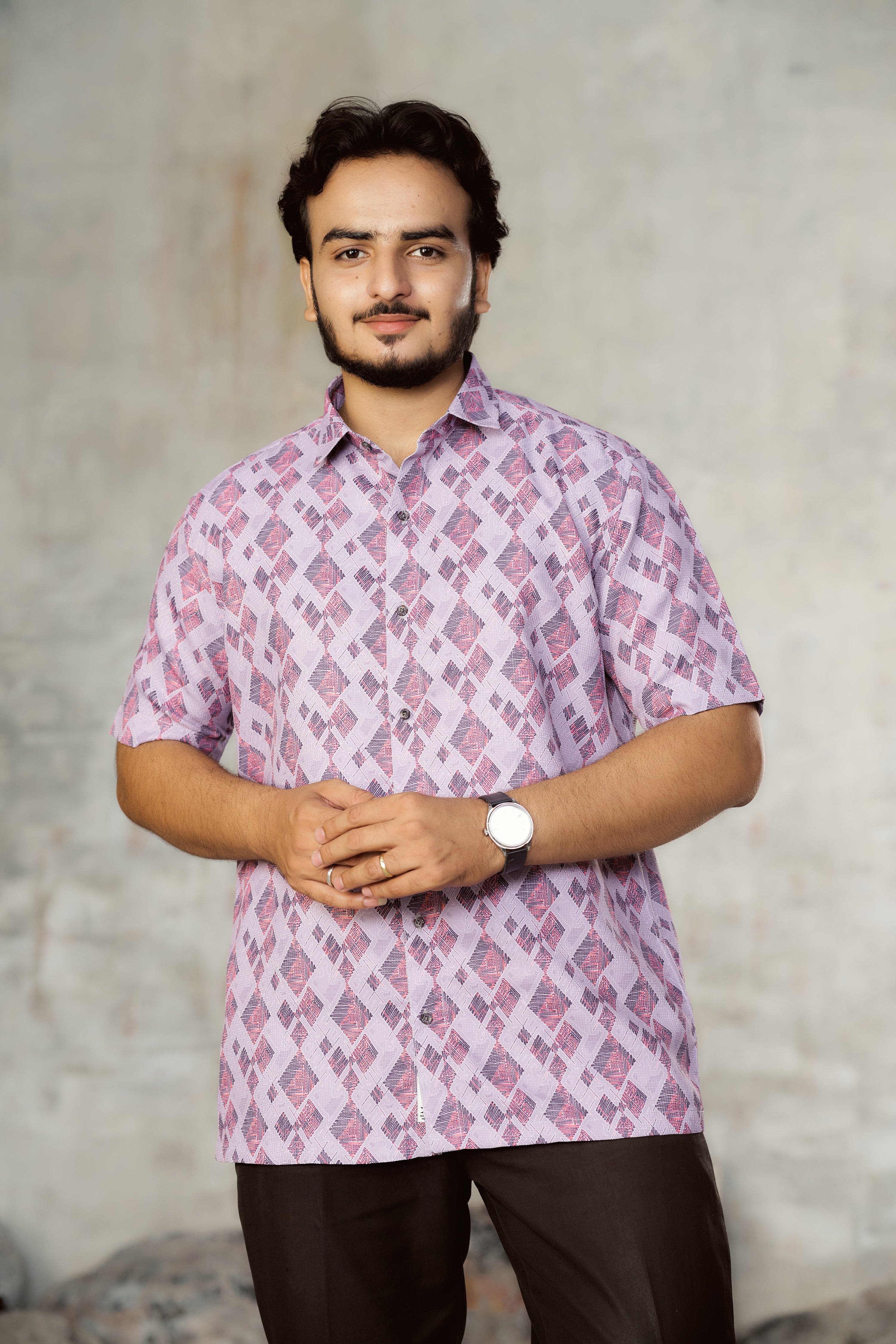 Mensoline Men's Textured Geometric Printed Shirt – Lavender Pink Mix Cotton.