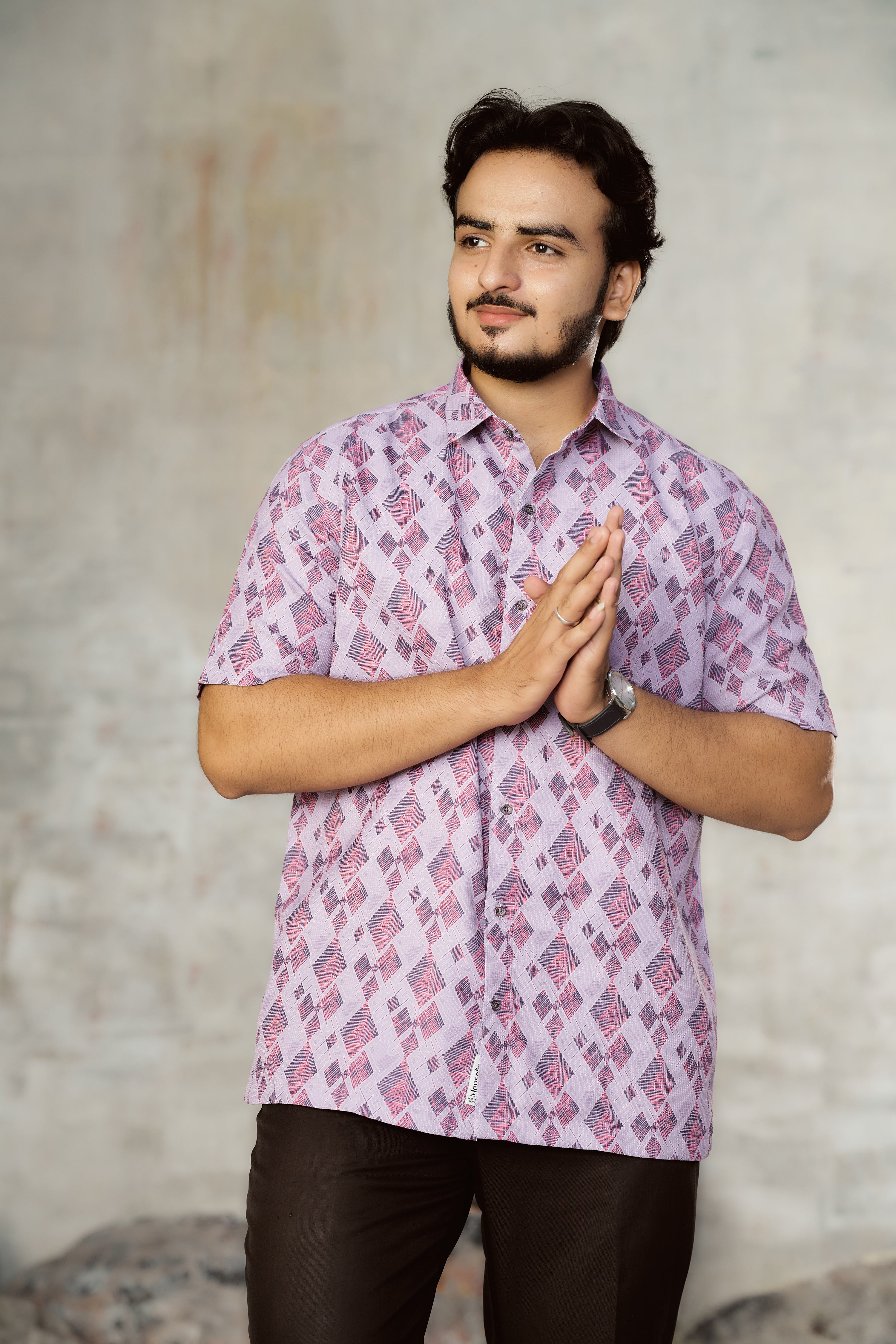 Mensoline Men's Textured Geometric Printed Shirt – Lavender Pink Mix Cotton.