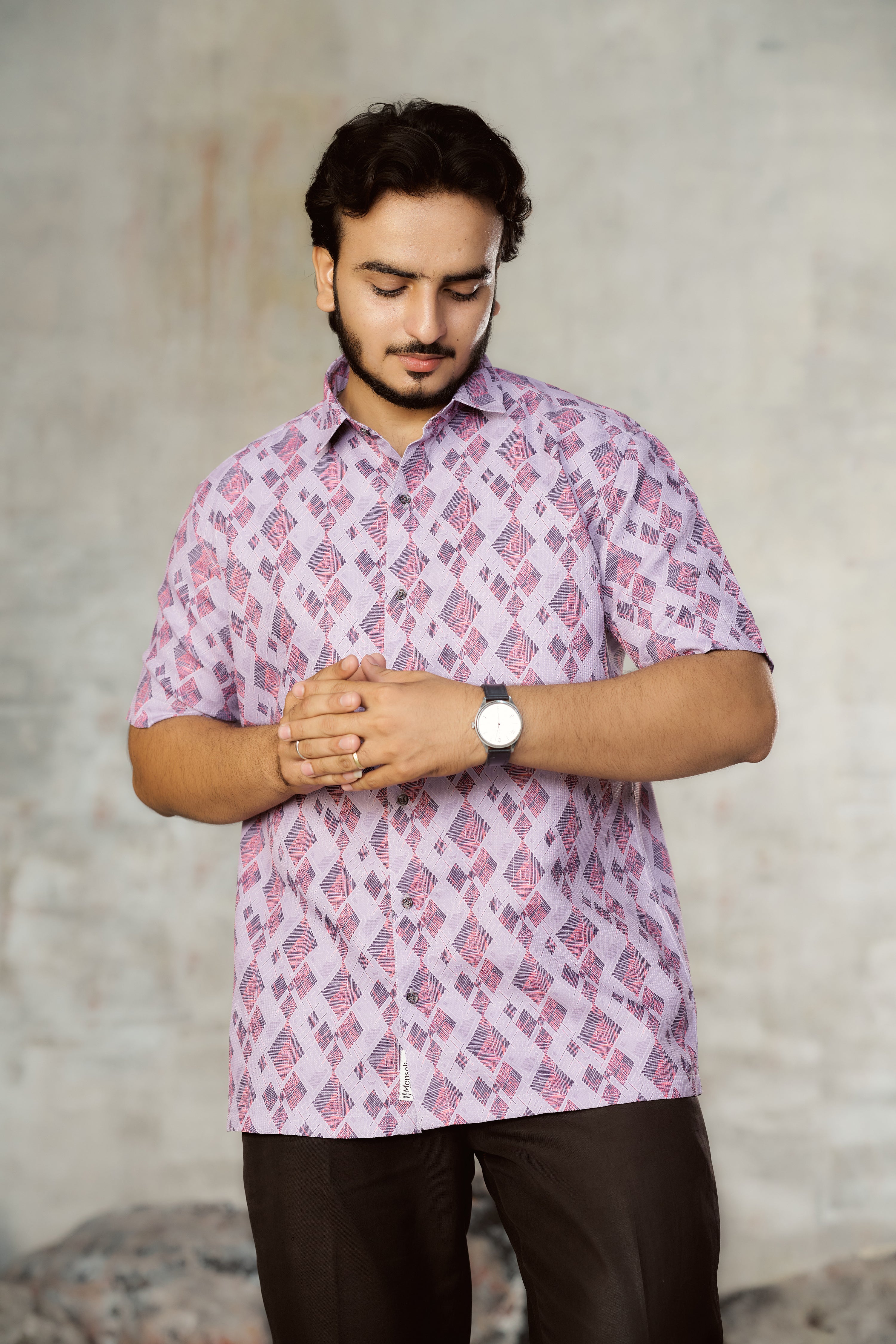 Mensoline Men's Textured Geometric Printed Shirt – Lavender Pink Mix Cotton.