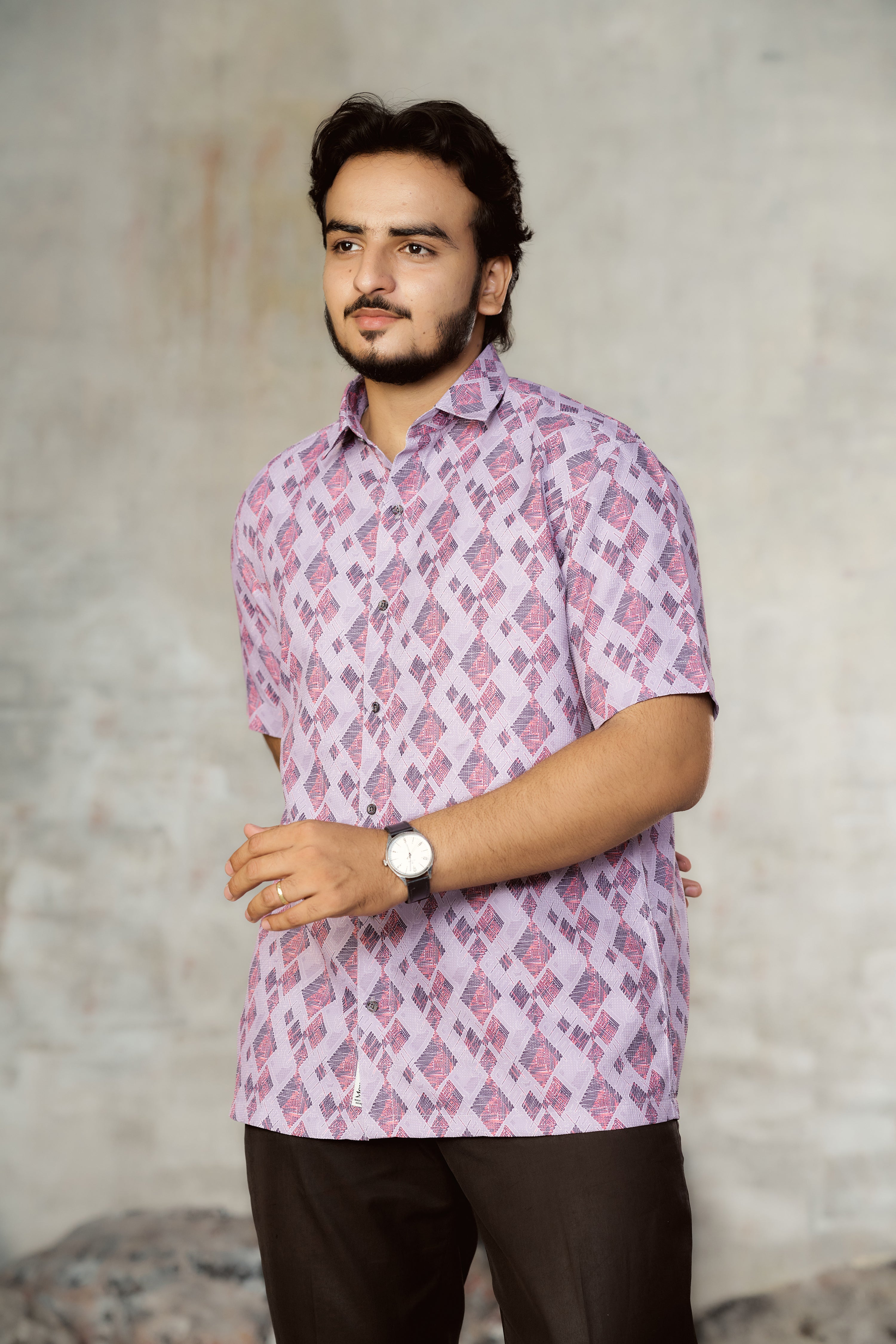 Mensoline Men's Textured Geometric Printed Shirt – Lavender Pink Mix Cotton.