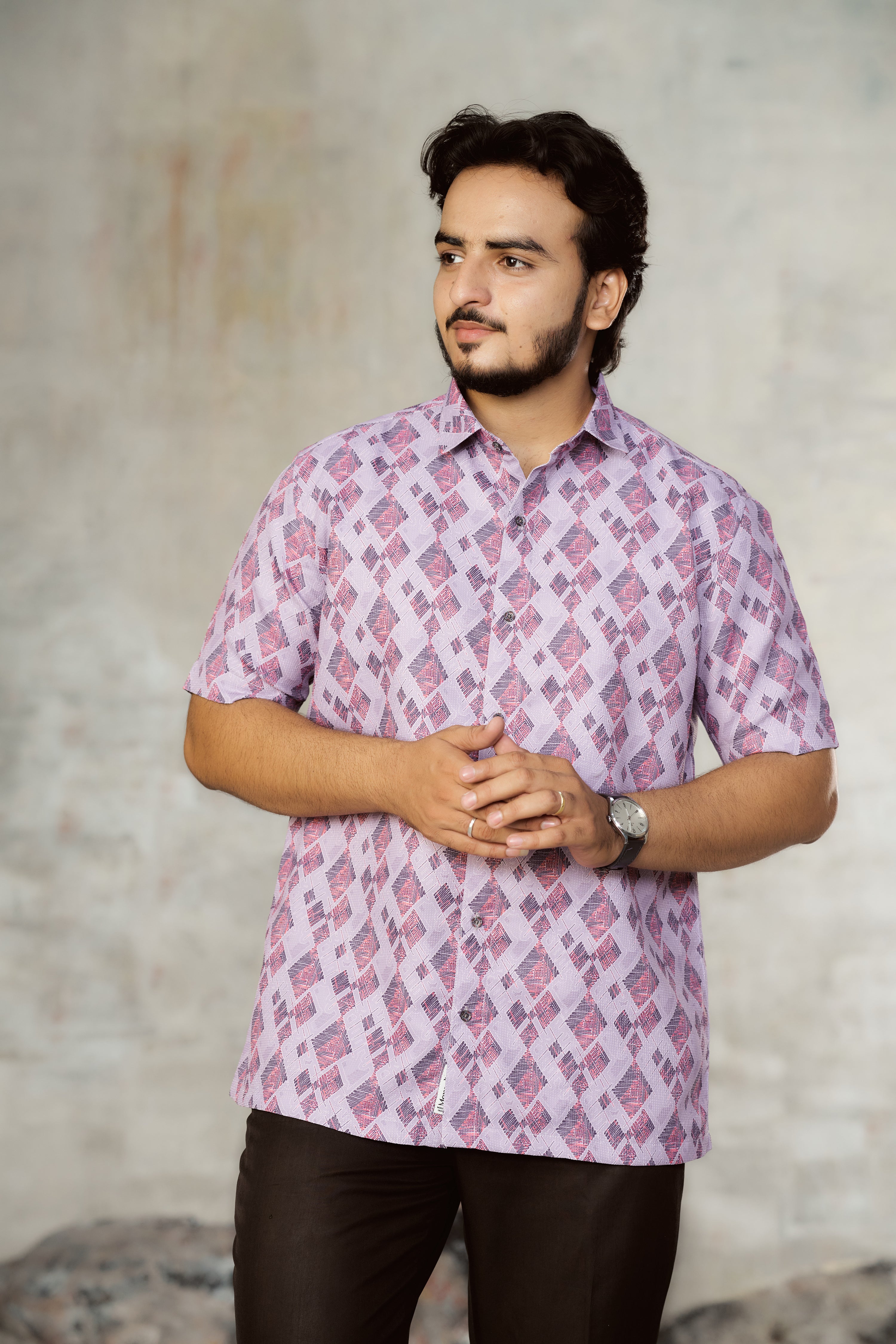 Mensoline Men's Textured Geometric Printed Shirt – Lavender Pink Mix Cotton.