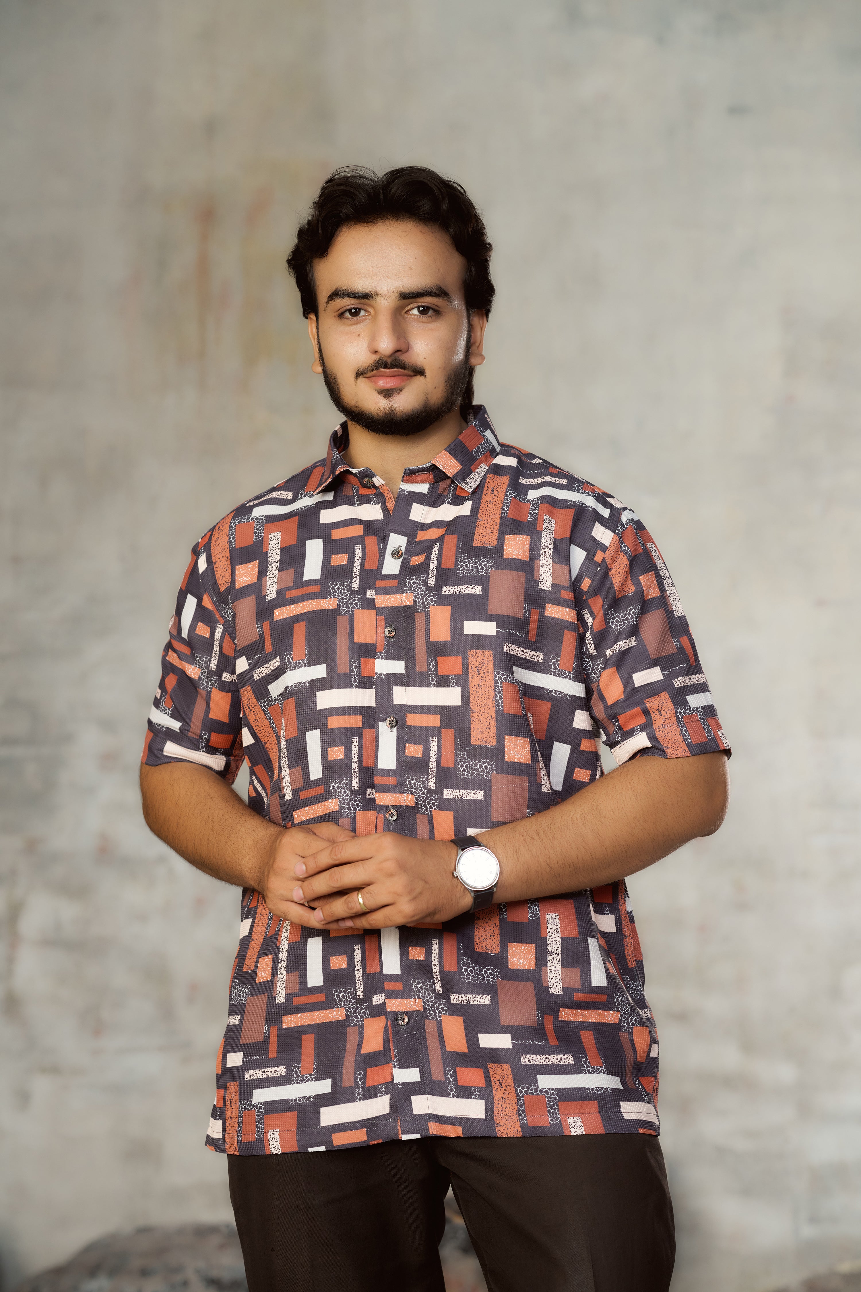 Mensoline Rust & Grey Geometric Print Textured Cotton Shirt.