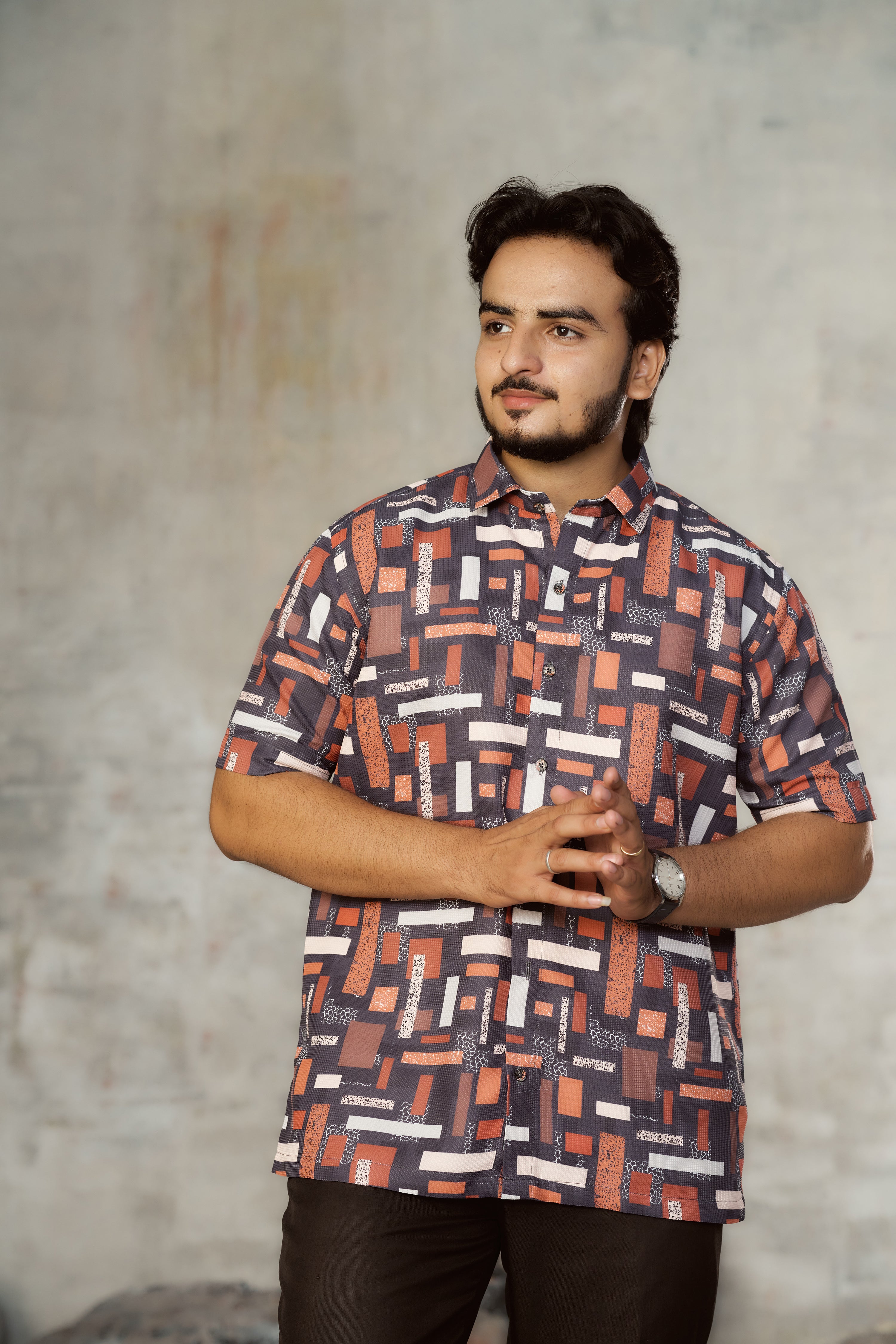 Mensoline Rust & Grey Geometric Print Textured Cotton Shirt.