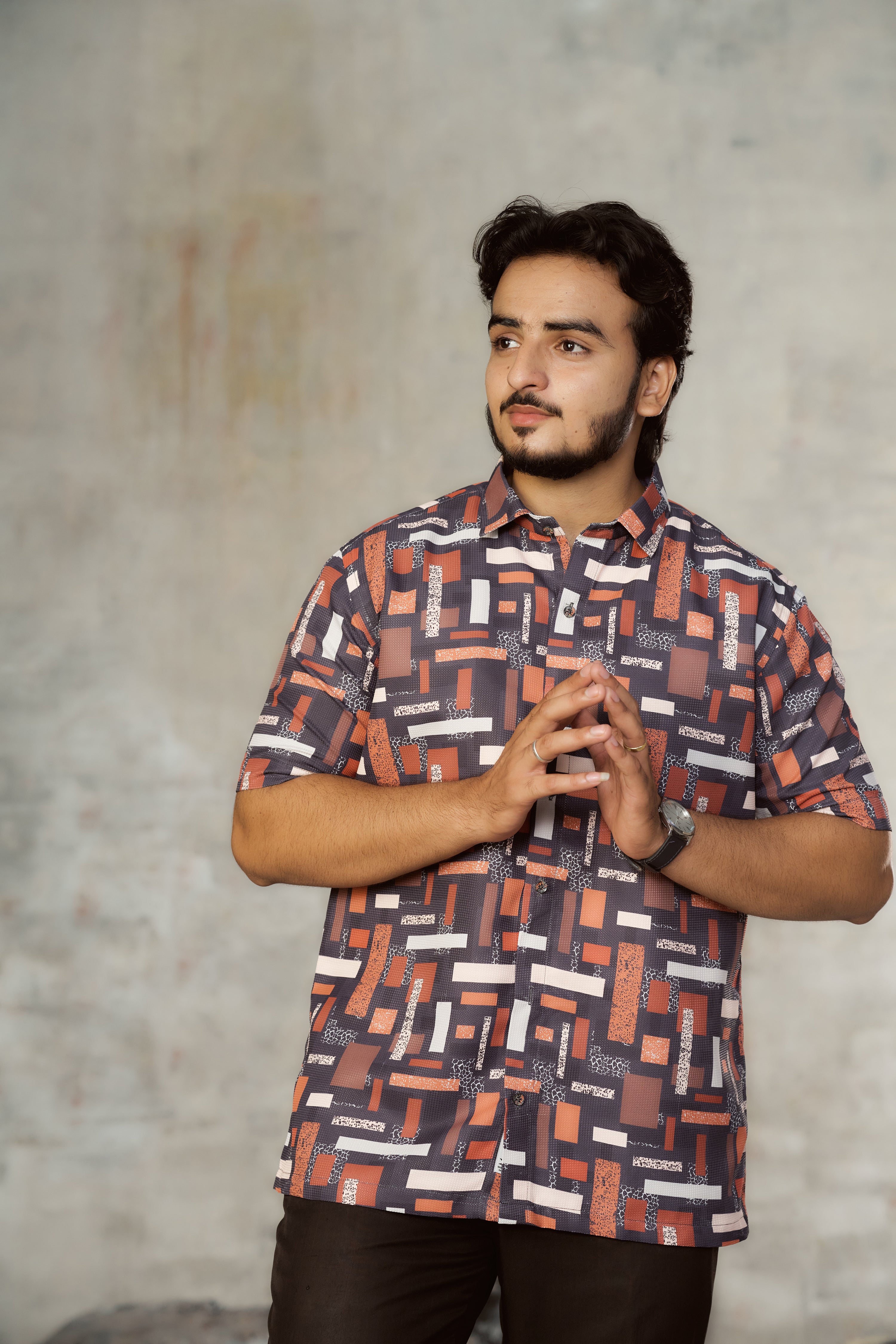 Mensoline Rust & Grey Geometric Print Textured Cotton Shirt.