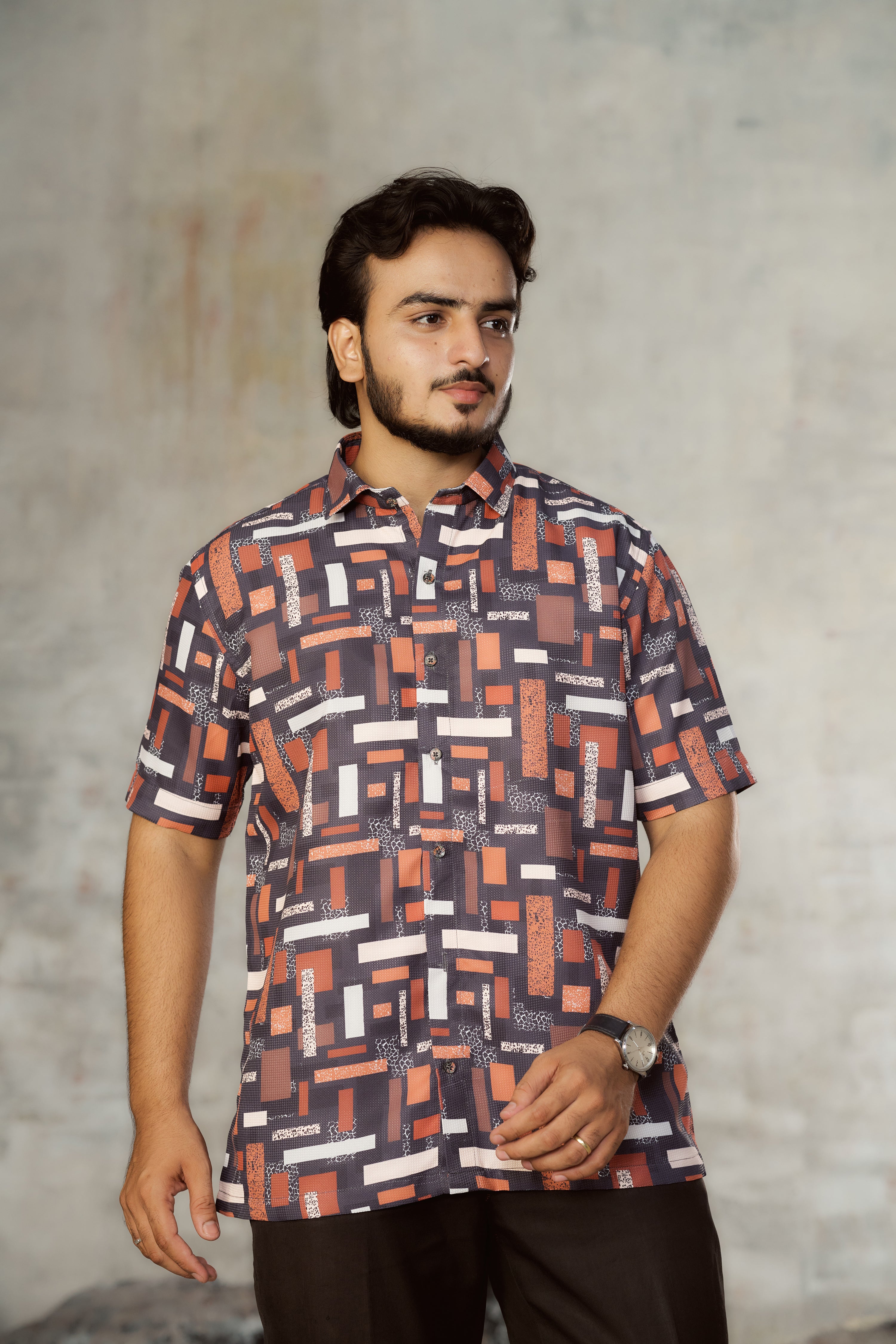 Mensoline Rust & Grey Geometric Print Textured Cotton Shirt.