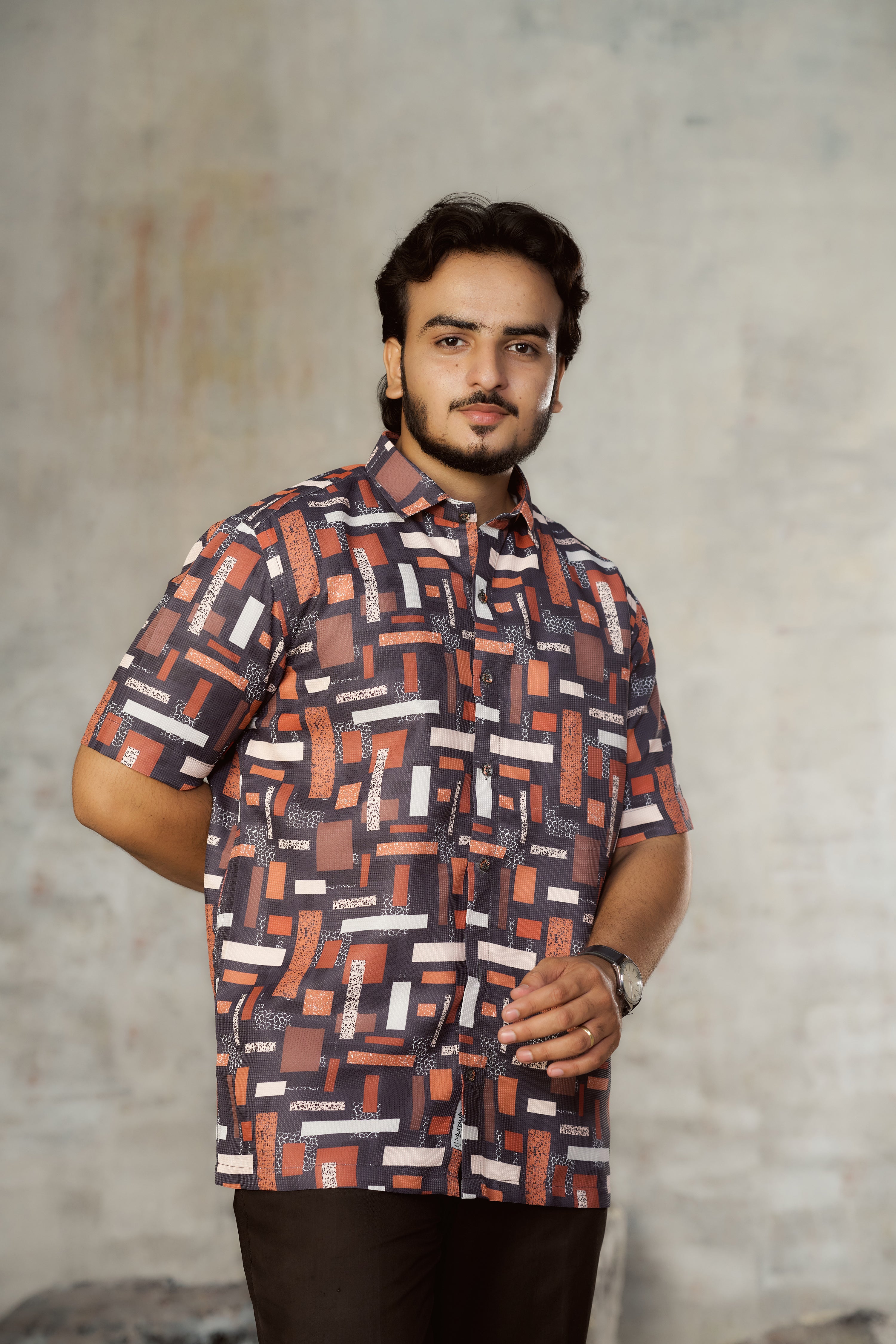 Mensoline Rust & Grey Geometric Print Textured Cotton Shirt.