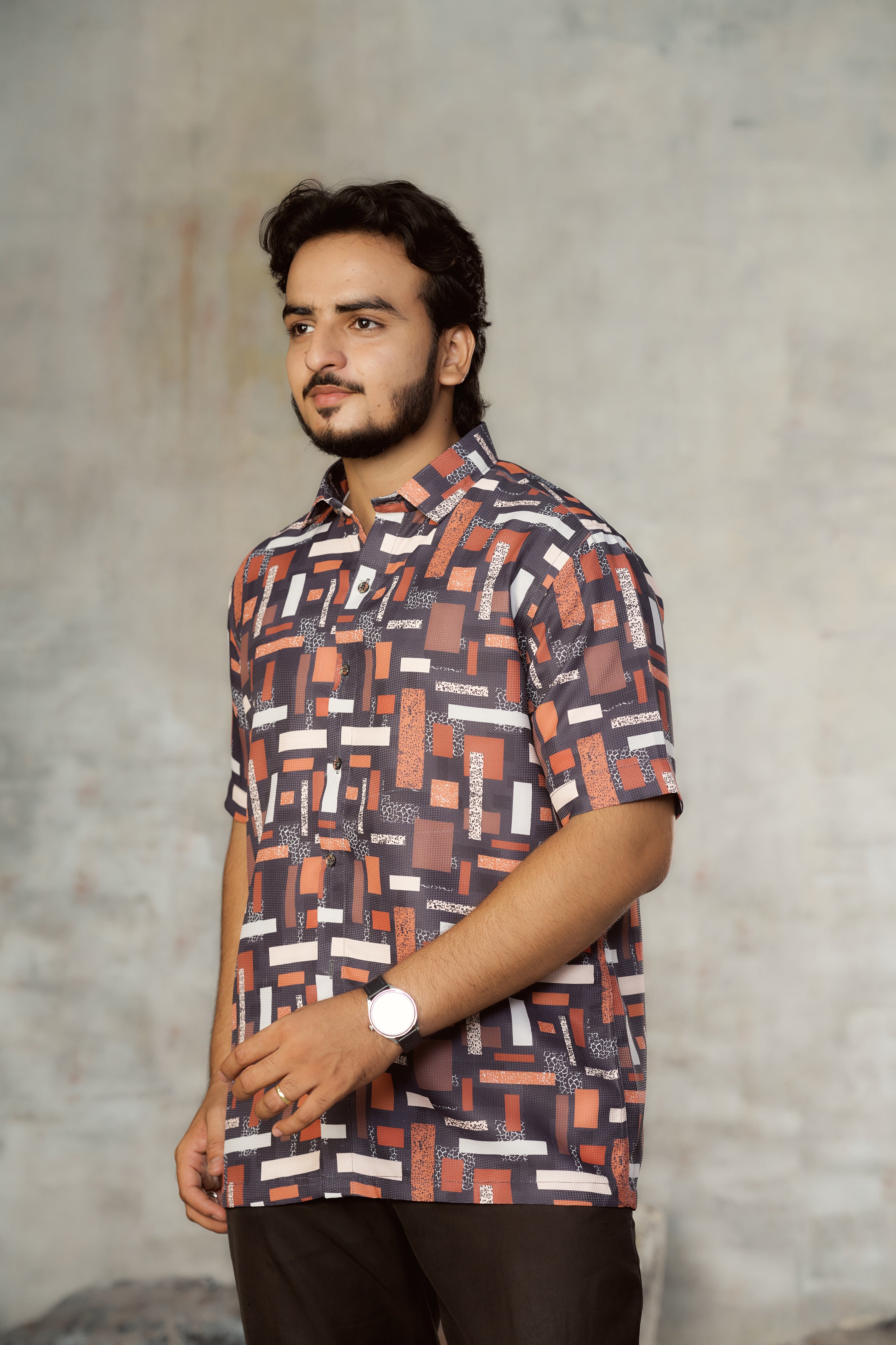 Mensoline Rust & Grey Geometric Print Textured Cotton Shirt.