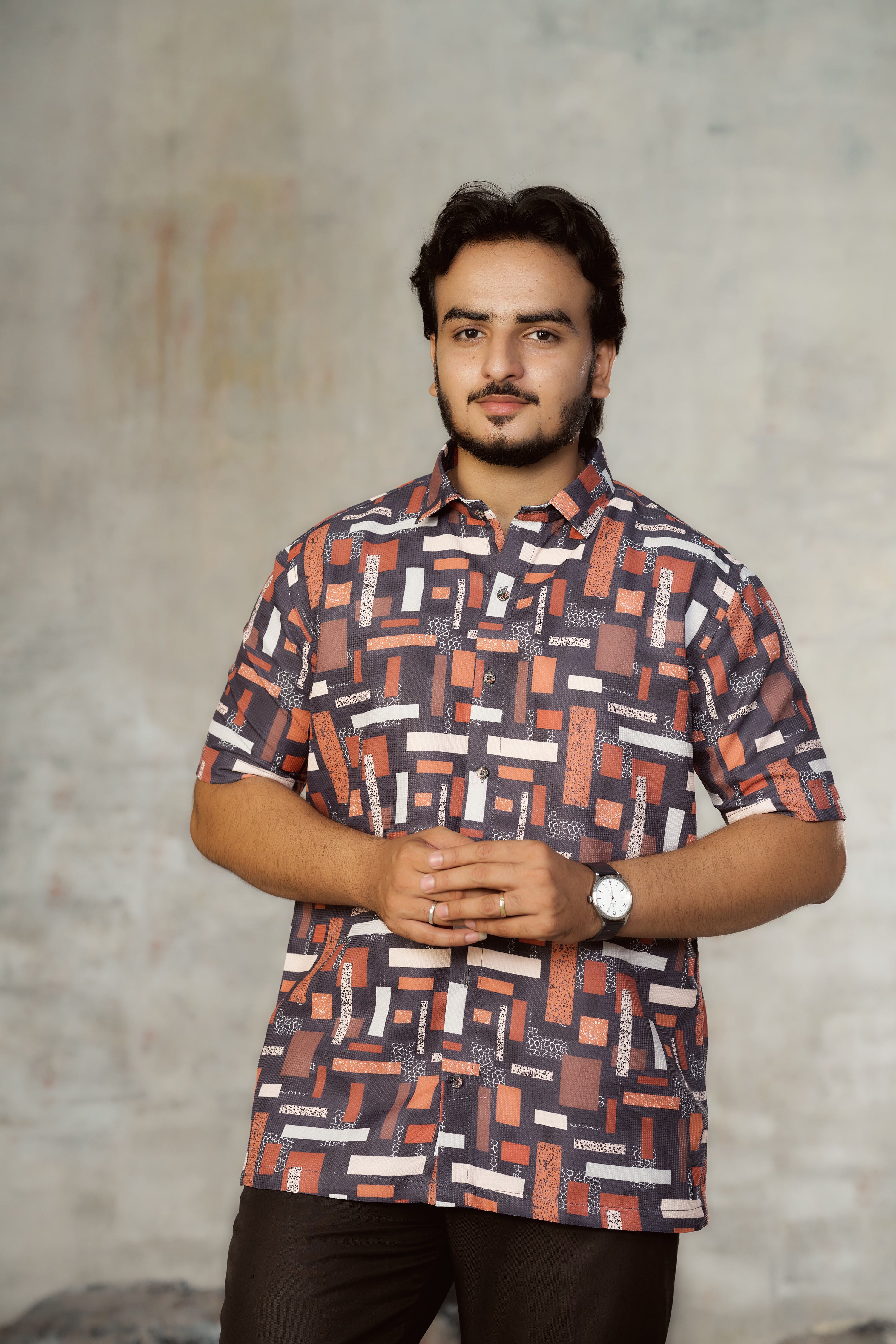 Mensoline Rust & Grey Geometric Print Textured Cotton Shirt.