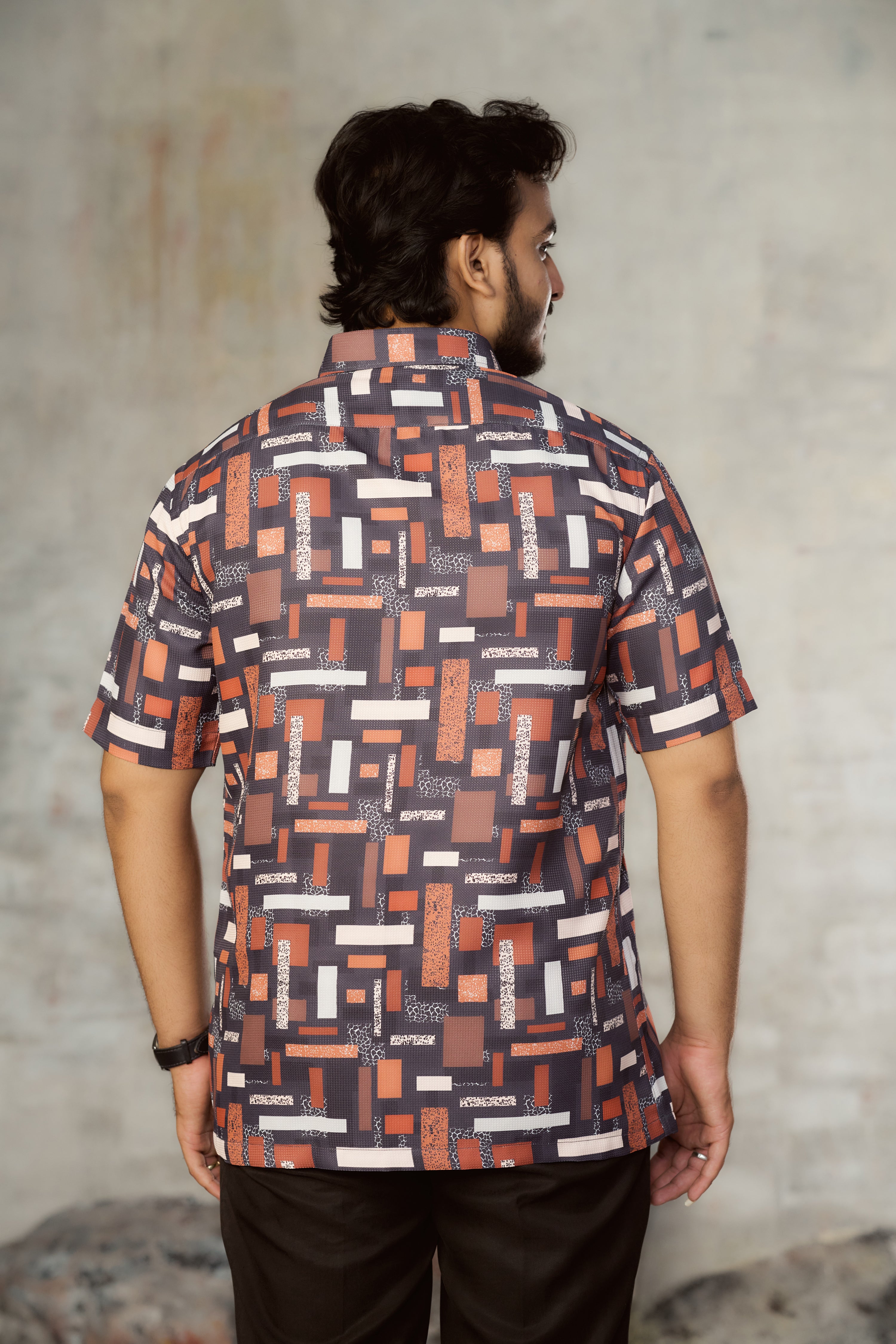 Mensoline Rust & Grey Geometric Print Textured Cotton Shirt.