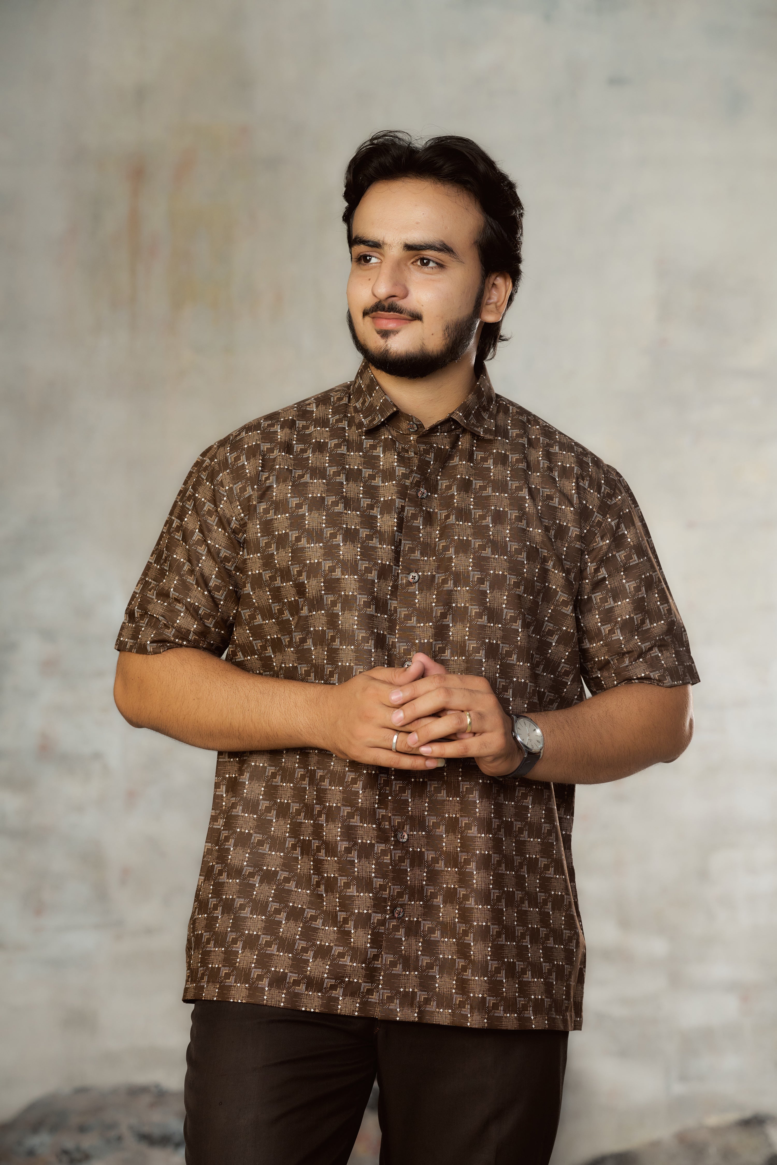 Mensoline Men's Brown Geometric Check Printed Shirt.
